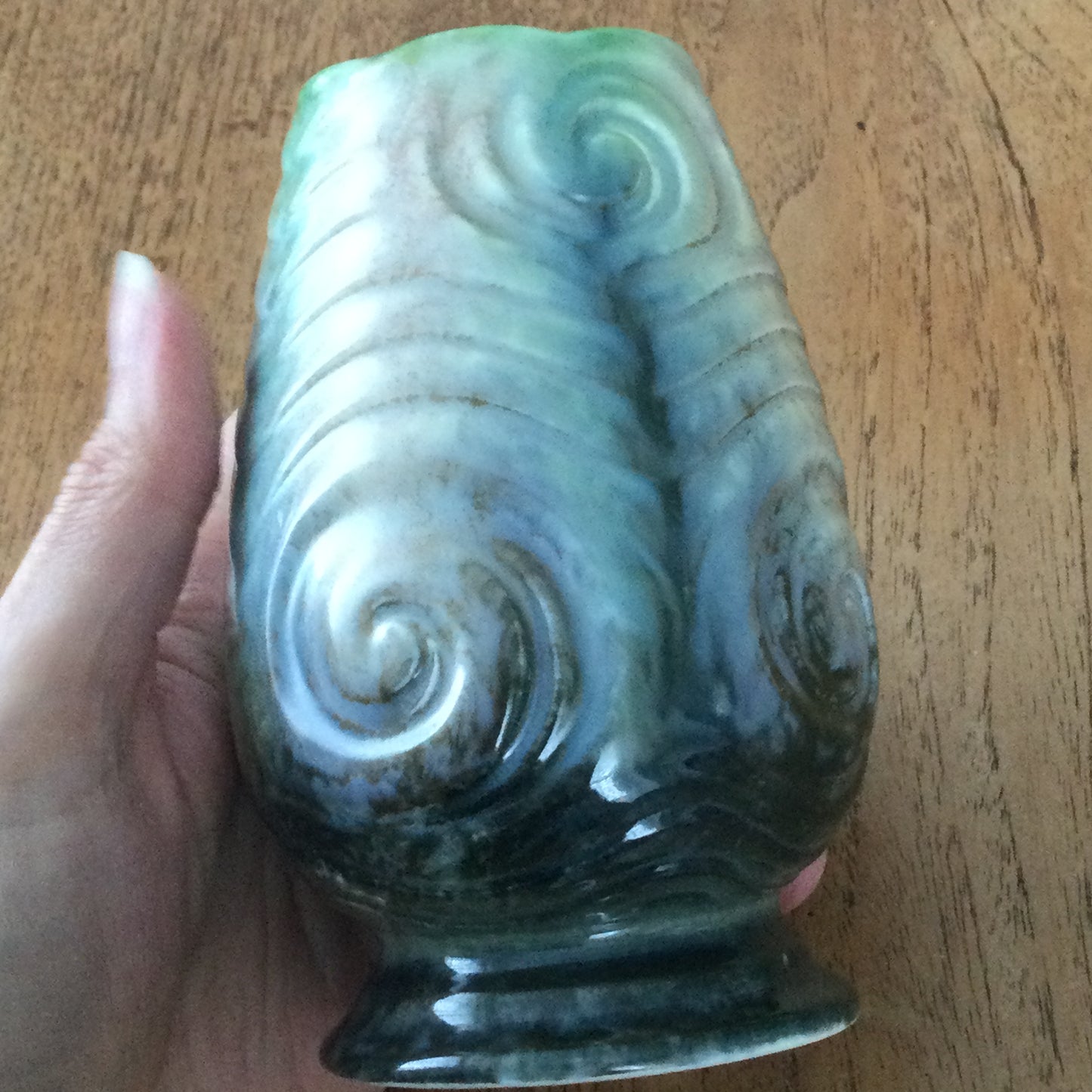 Vintage SylvaC Small Green, Blue and Brown Tulip Shape Vase. Mould no. 675. 13 cm tall. Swirl design.