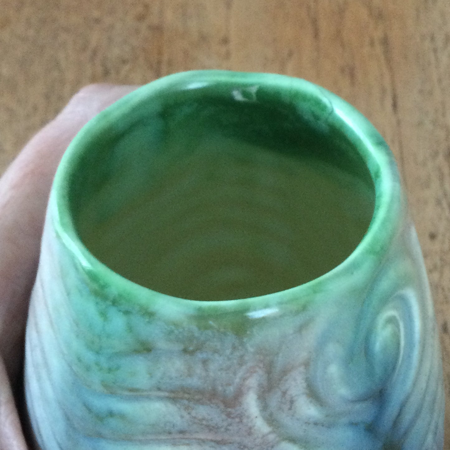 Vintage SylvaC Small Green, Blue and Brown Tulip Shape Vase. Mould no. 675. 13 cm tall. Swirl design.
