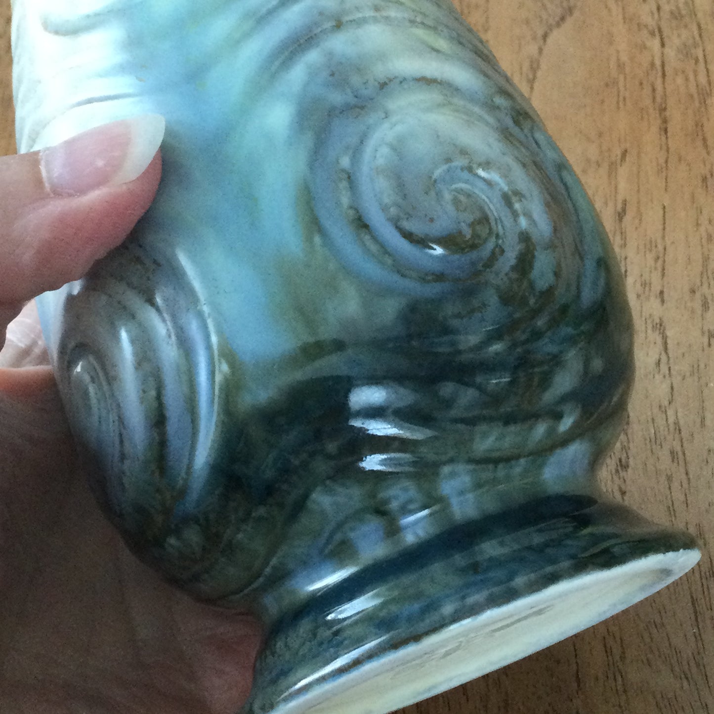 Vintage SylvaC Small Green, Blue and Brown Tulip Shape Vase. Mould no. 675. 13 cm tall. Swirl design.