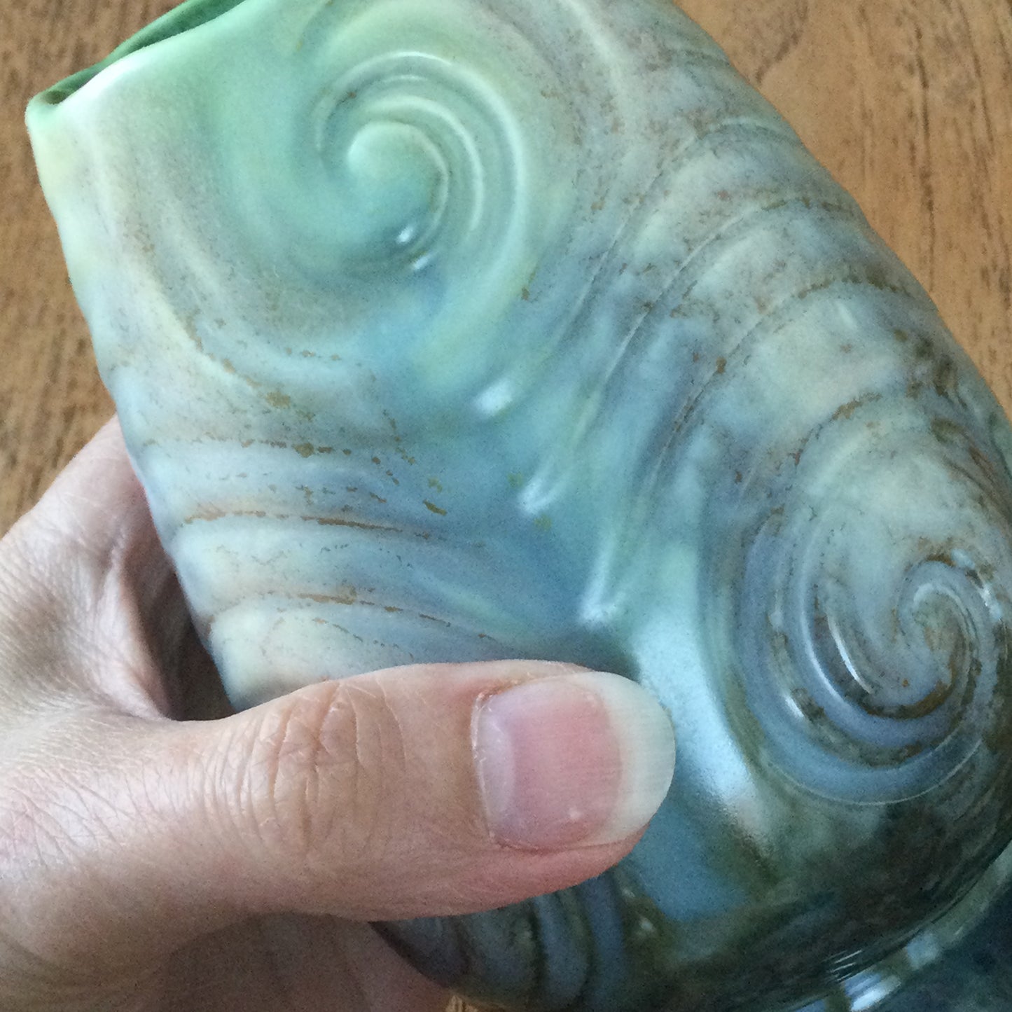 Vintage SylvaC Small Green, Blue and Brown Tulip Shape Vase. Mould no. 675. 13 cm tall. Swirl design.