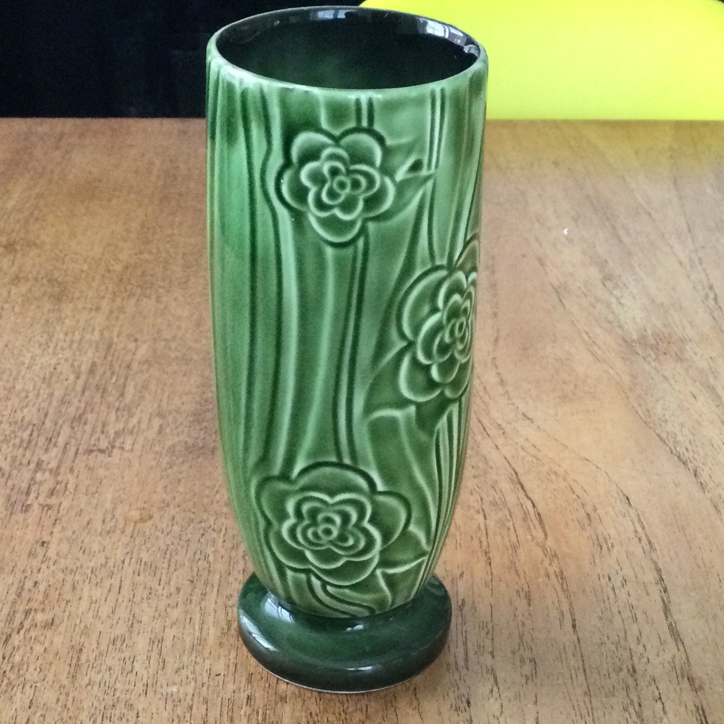 Vintage SylvaC Vase - Green Rose Flower Design - Pattern 4827 - 18cm high - tall and narrow