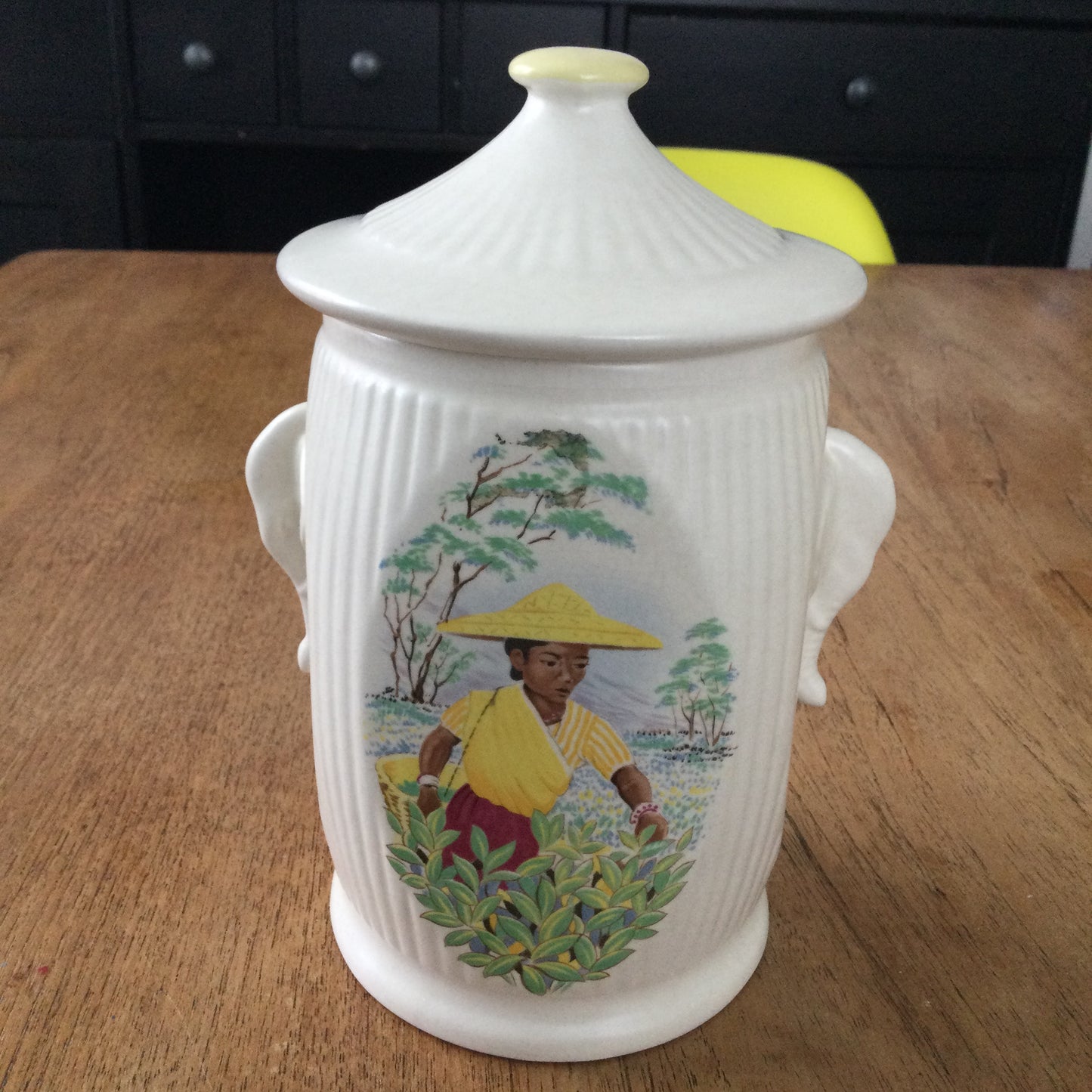 SylvaC Vintage c1950s Ceramic Tea Canister – Ceylon Tea Picker with Elephant Ear Handles