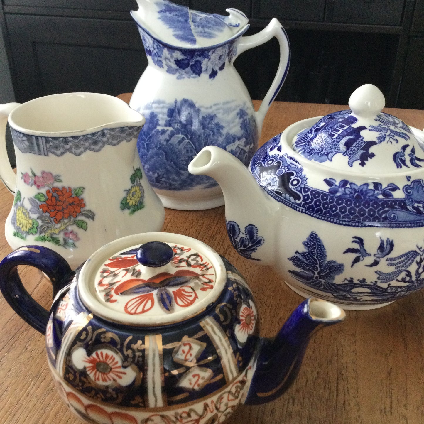 1920s 'English Scenery' Woods Ware Patented 'Cosy' Teapot Burslem England. Blue and white. SOME DAMAGE