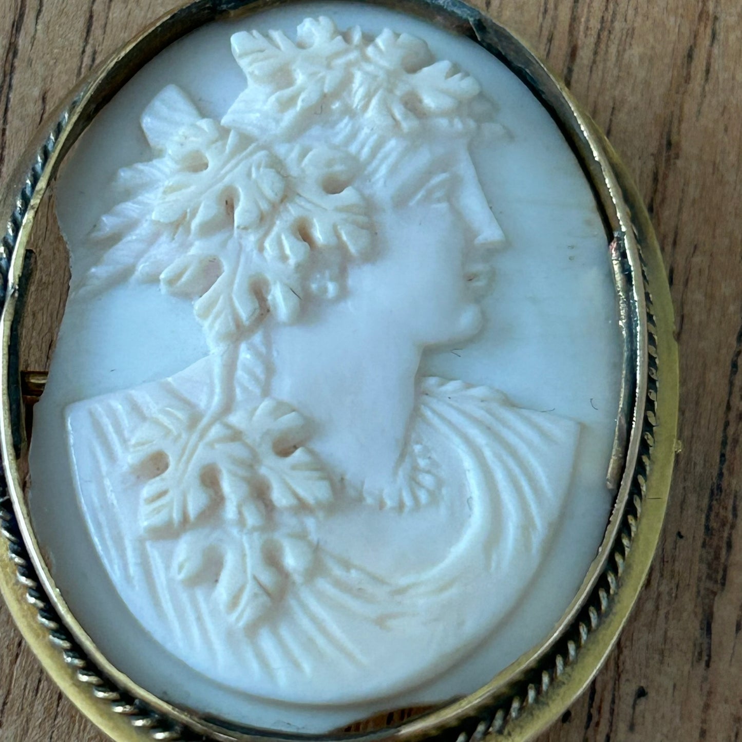 Antique Victorian Oval Gold-Tone Carved Shell Cameo Brooch – Bacchus Design - Hand Carved