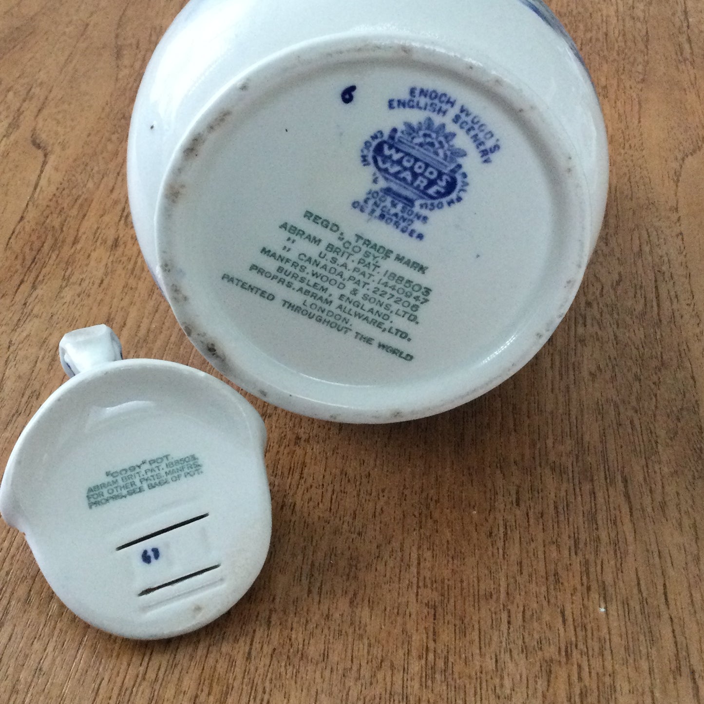 1920s 'English Scenery' Woods Ware Patented 'Cosy' Teapot Burslem England. Blue and white. SOME DAMAGE
