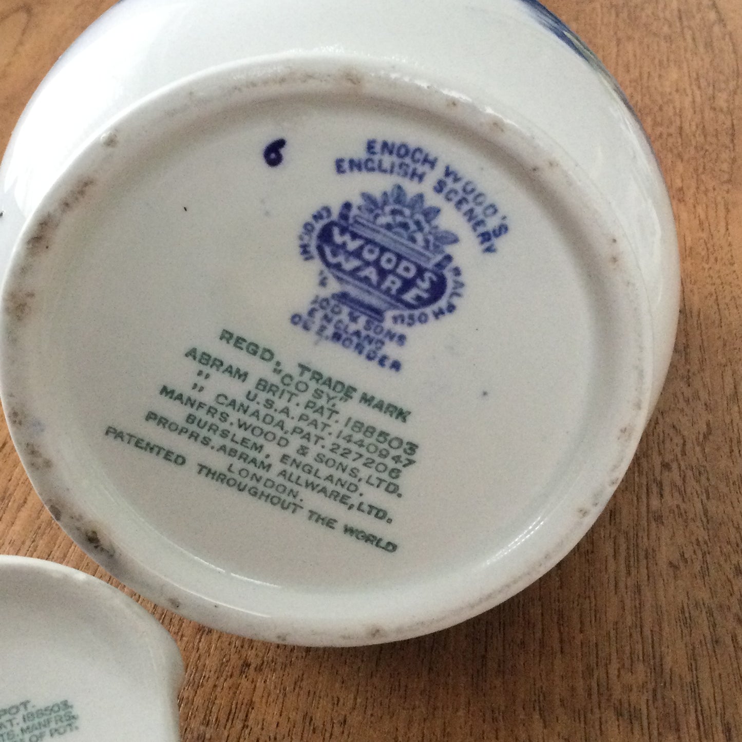 1920s 'English Scenery' Woods Ware Patented 'Cosy' Teapot Burslem England. Blue and white. SOME DAMAGE