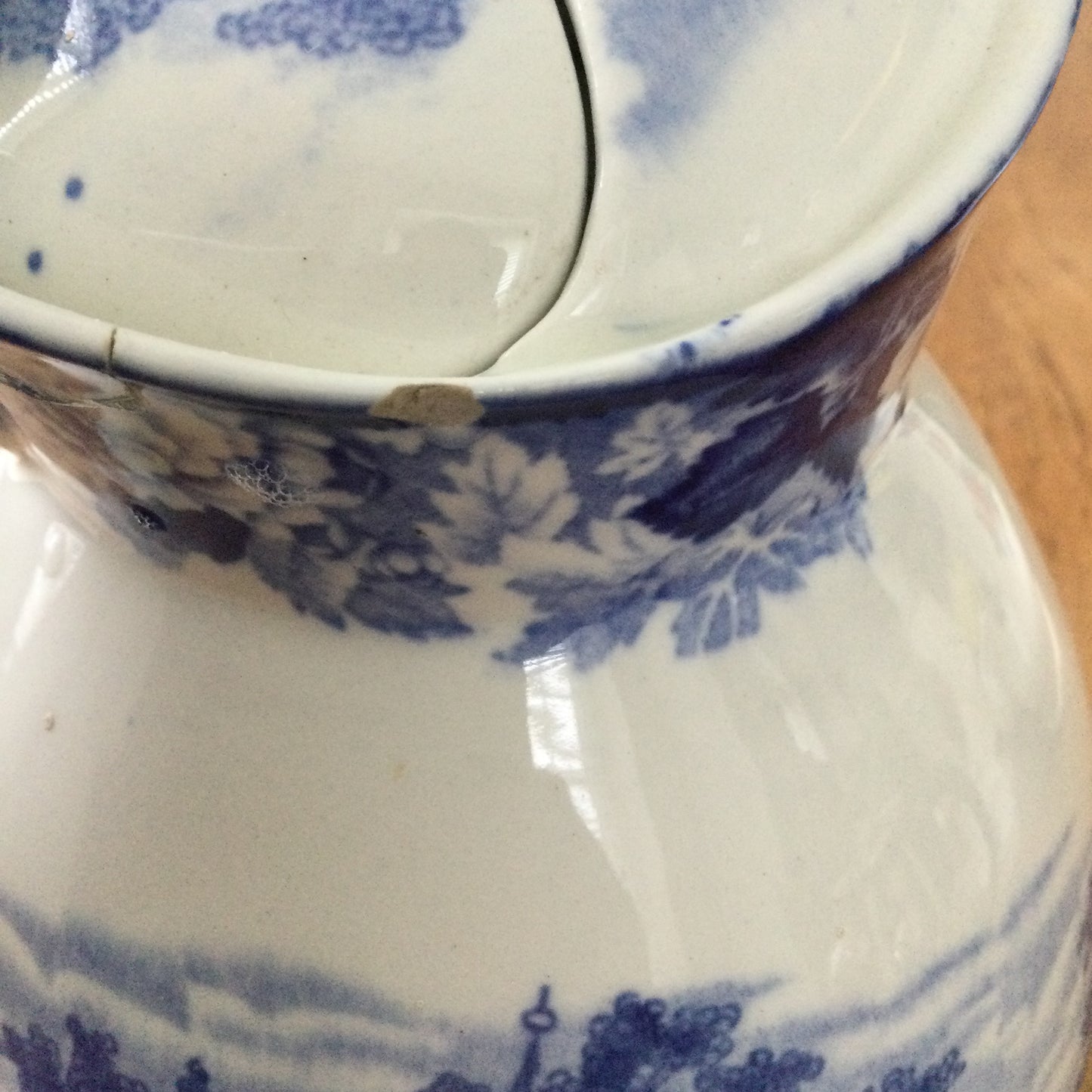 1920s 'English Scenery' Woods Ware Patented 'Cosy' Teapot Burslem England. Blue and white. SOME DAMAGE