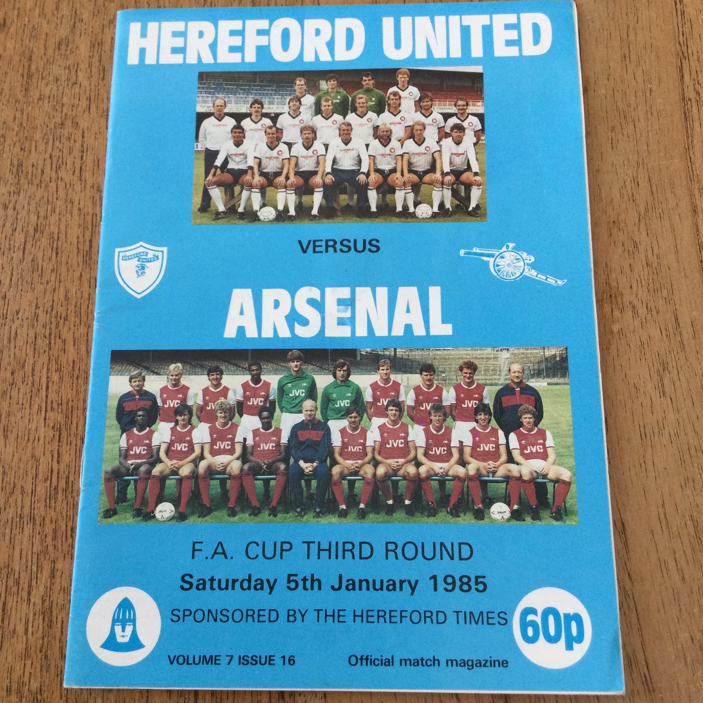 5/1/1985 F.A. Cup Third Round Programme. Hereford United v Arsenal.