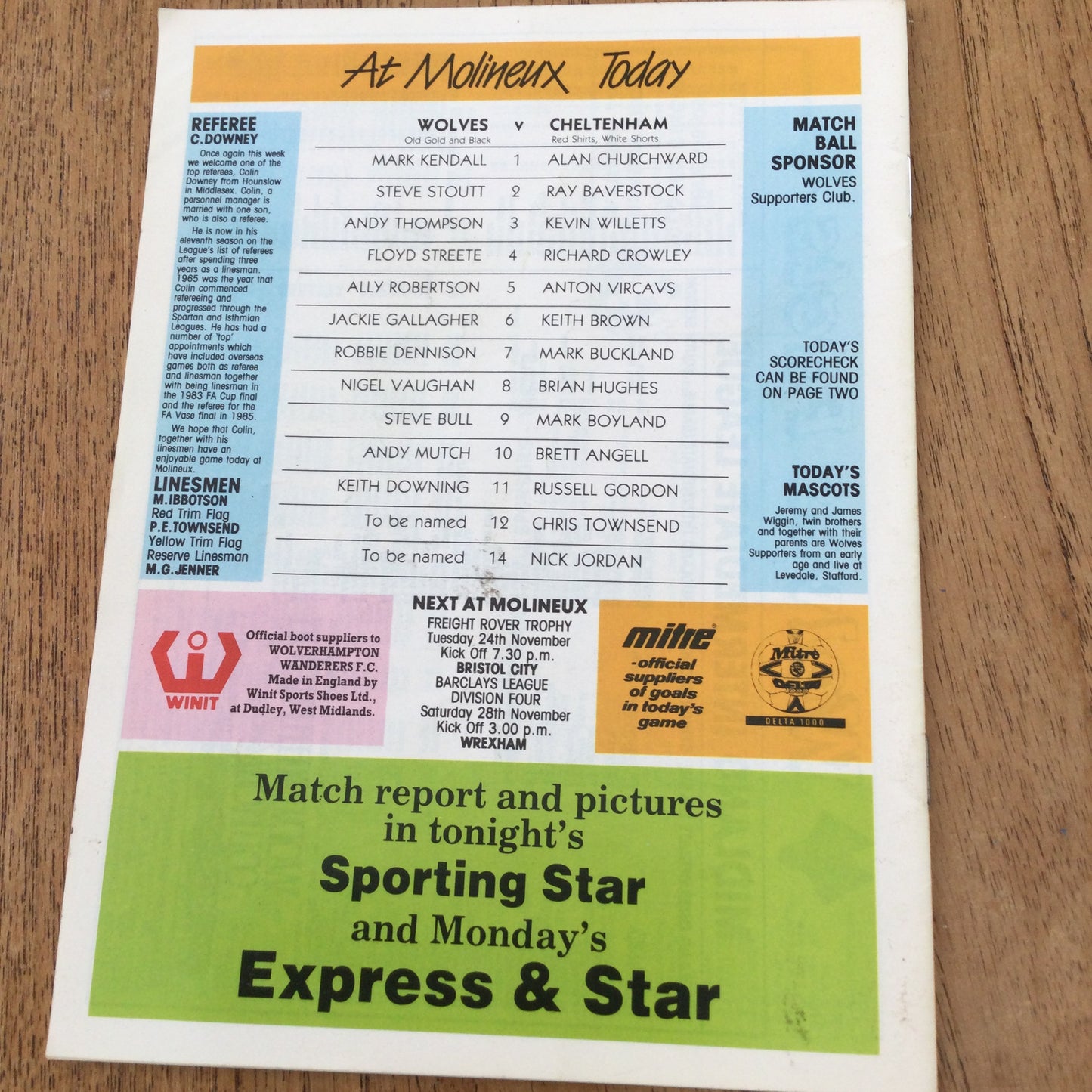 Wolves v Cheltenham Town Football Programme 2087 14/11/87. Ally Robertson new team captain.