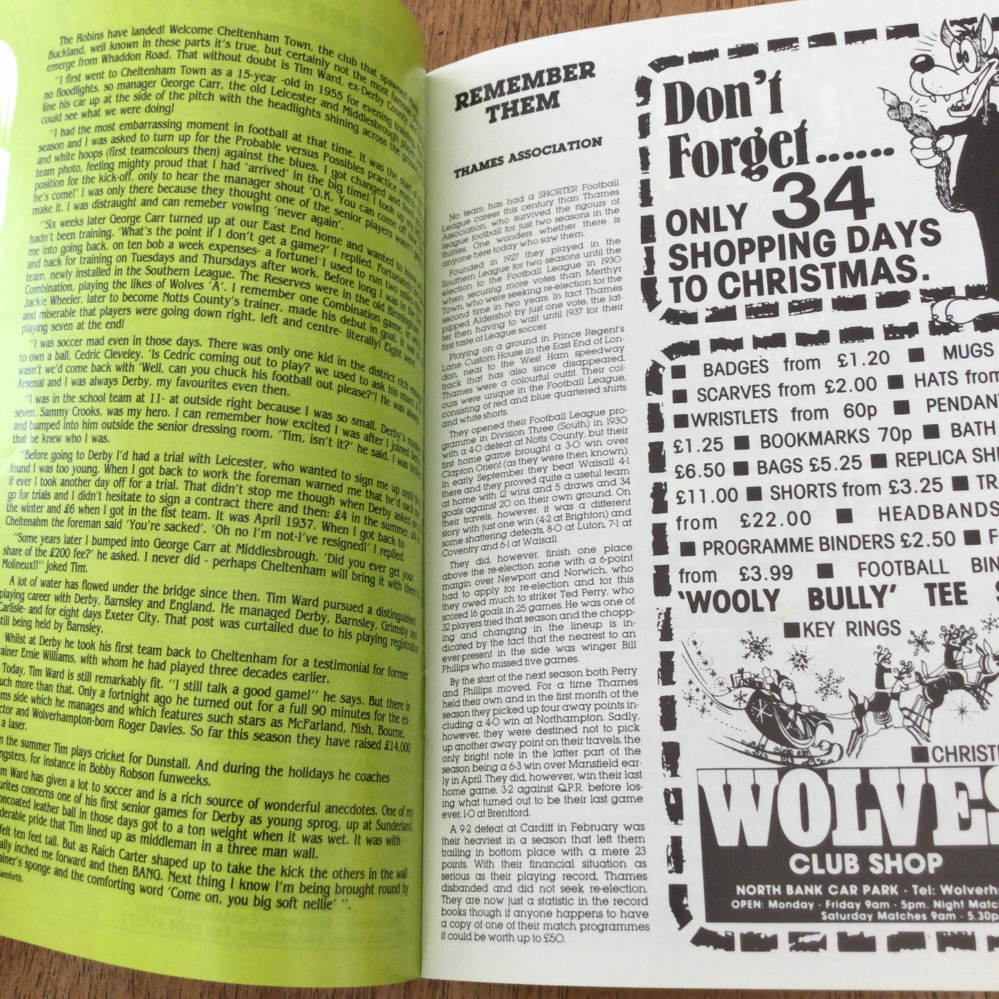 Wolves v Cheltenham Town Football Programme 2087 14/11/87. Ally Robertson new team captain.
