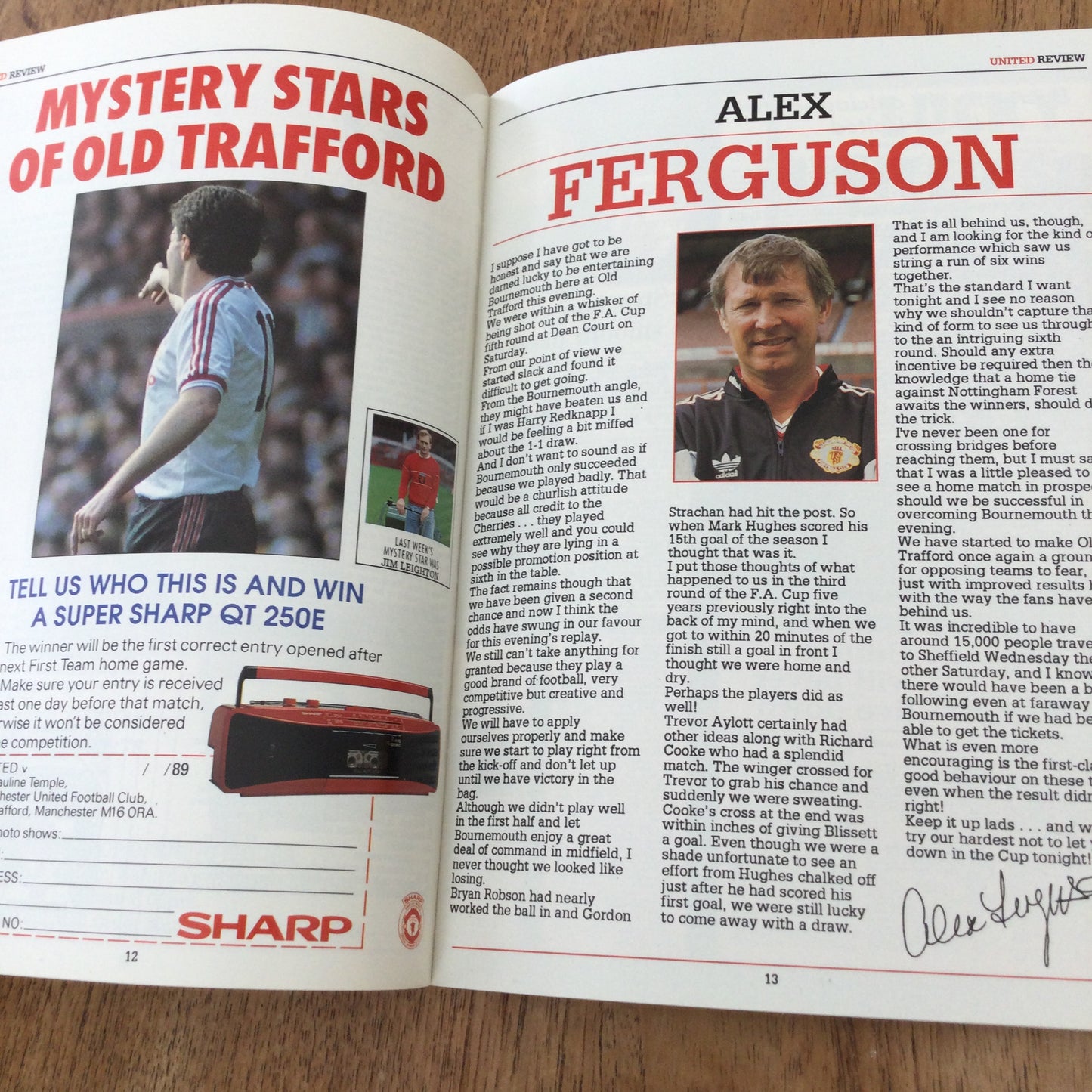 Manchester United Man Utd v AFC Bournemouth FA Cup Replay 22/02/1989 Programme. Focus on Nicky Wood