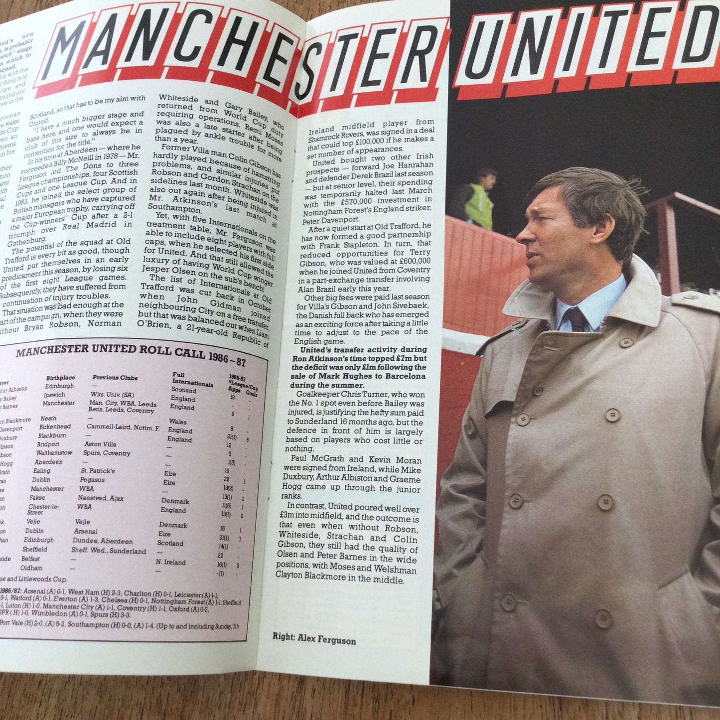 Aston Villa v Manchester Utd Football Programme 1986 13/12/86. Dean Glover feature. Steve Hodge.