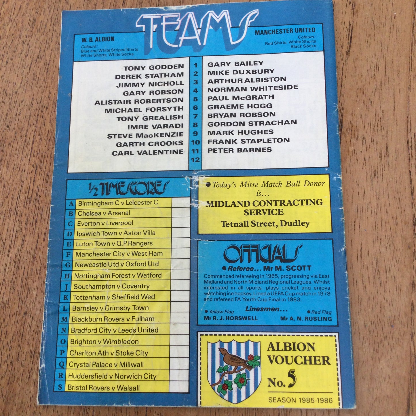 West Bromwich Albion v Manchester United Football Programme 1985/6. Derek Statham Garth Crooks