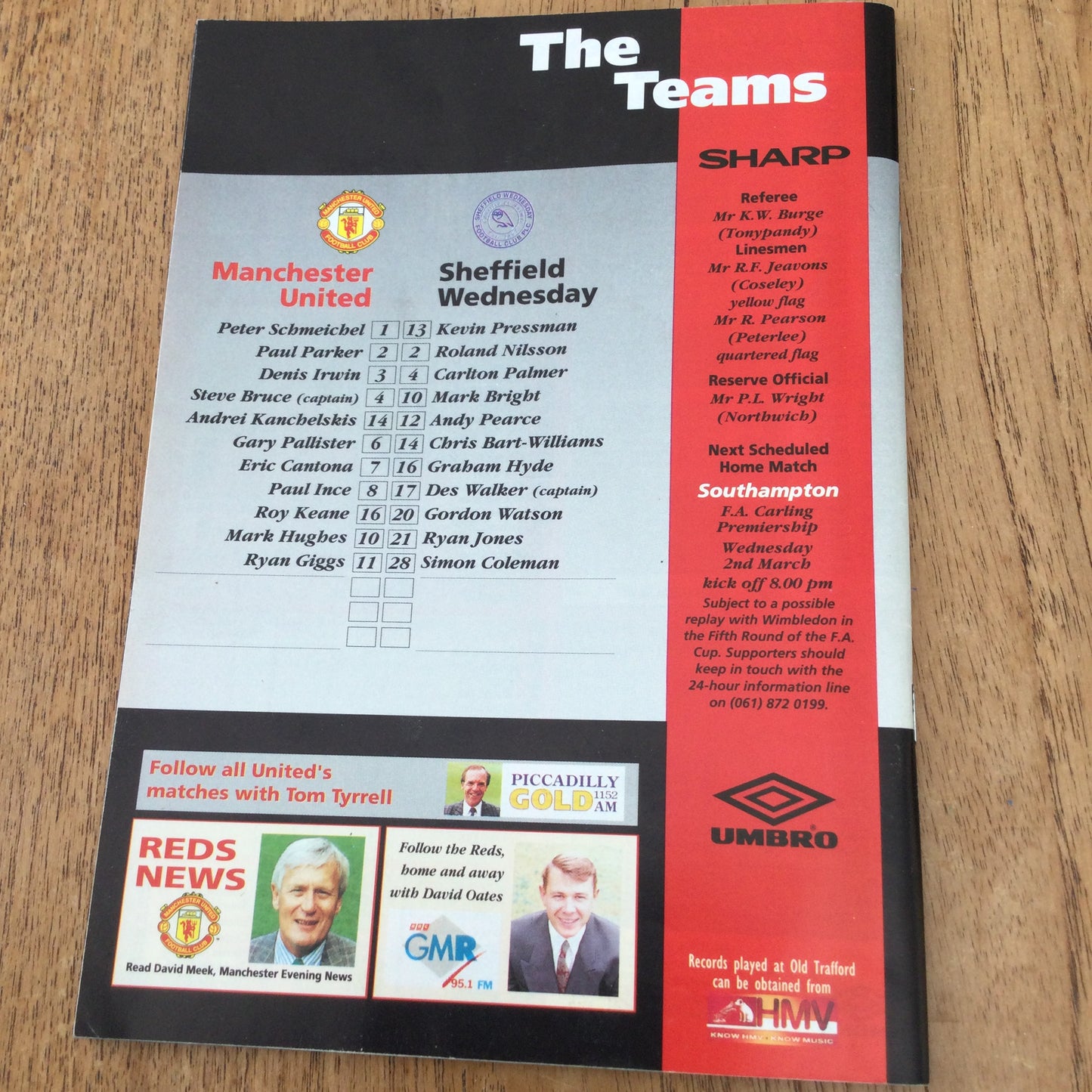 Manchester United v Sheffield Wednesday 13/2/94 Programme - Matt Busby Tribute. Semi Final Coca Cola Cup