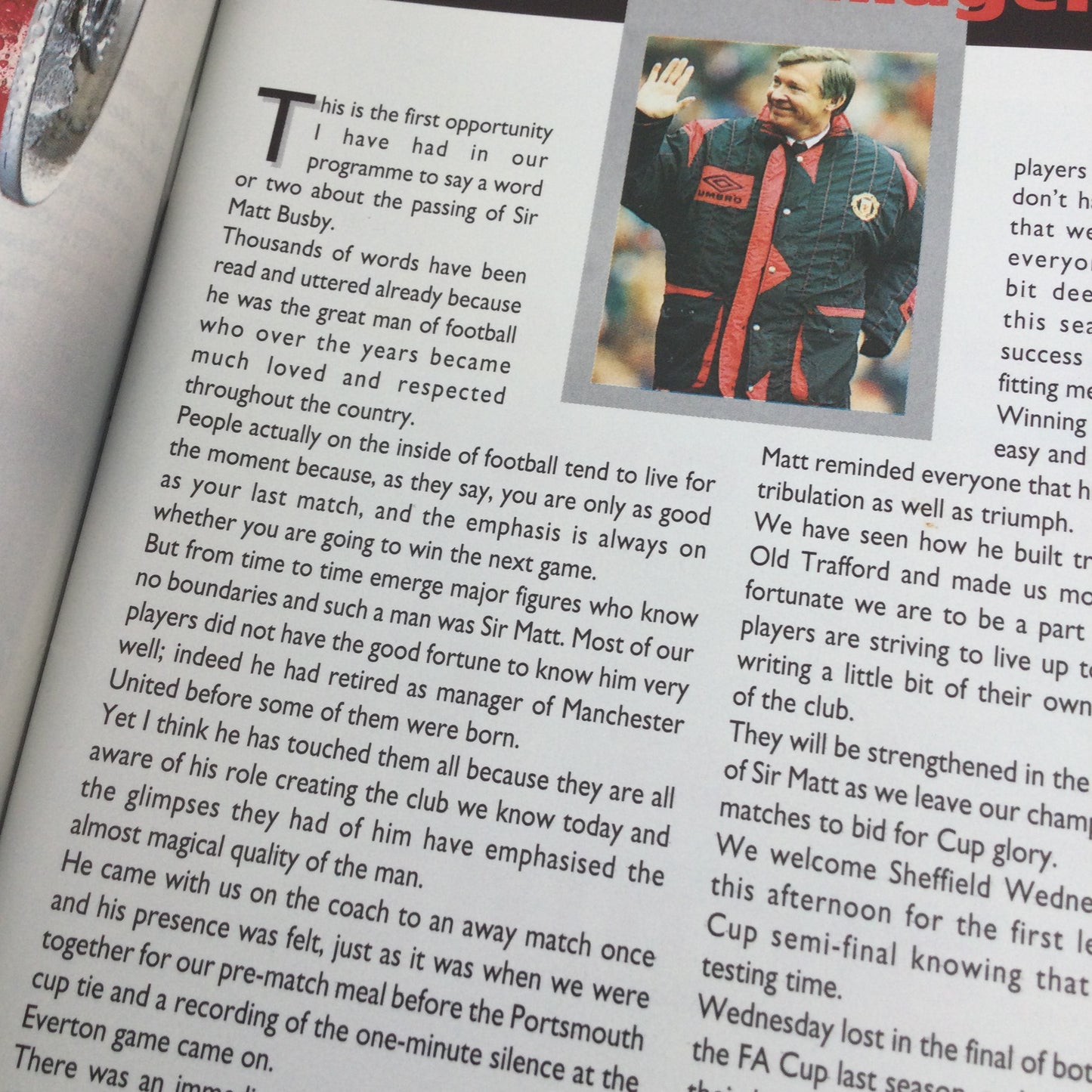 Manchester United v Sheffield Wednesday 13/2/94 Programme - Matt Busby Tribute. Semi Final Coca Cola Cup