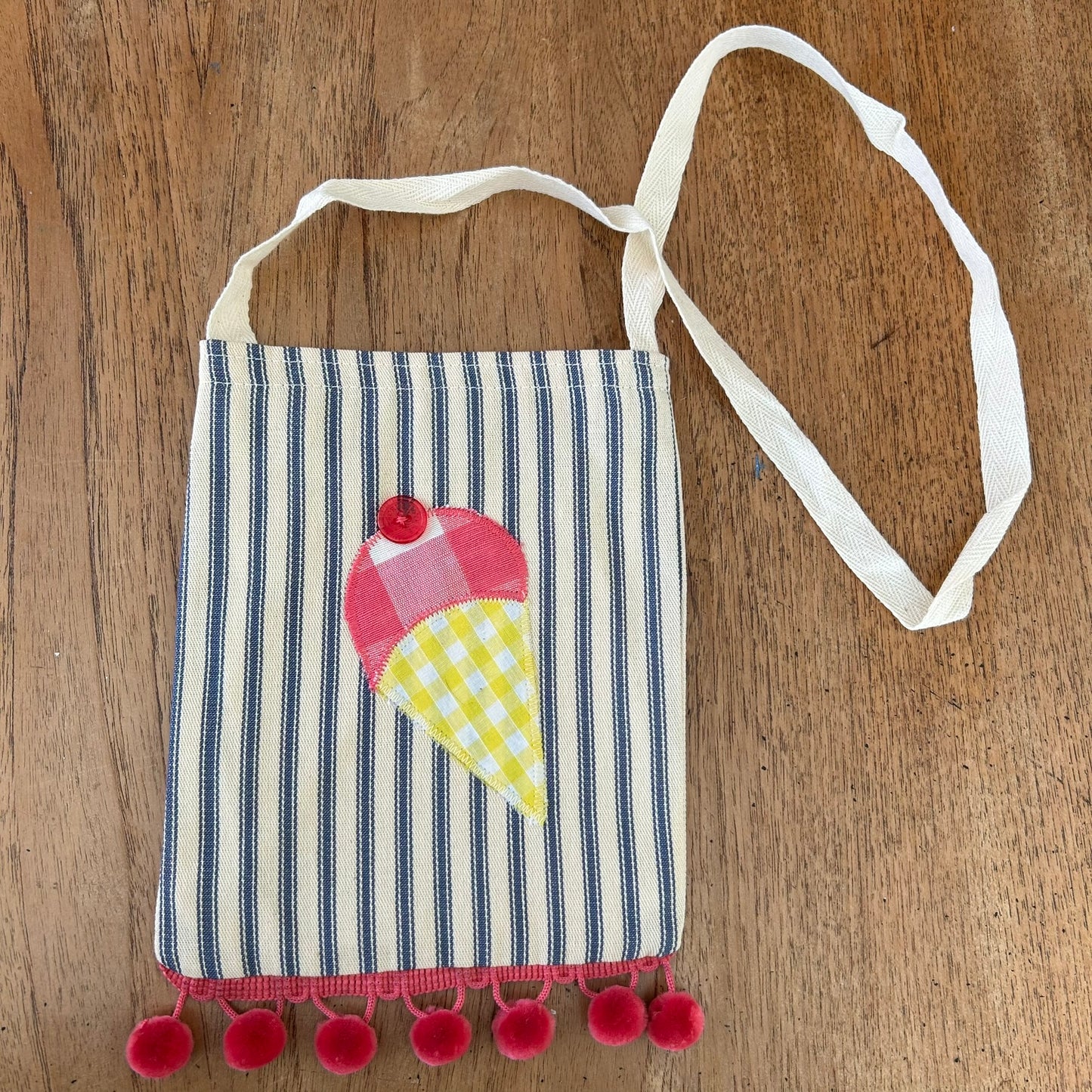 Beautiful Quality Hand Made Child's Shoulder Bag / Tote Bag. Ice Cream Applique Design on Blue Striped Ticking Fabric. Pink Pom Pom Trim.