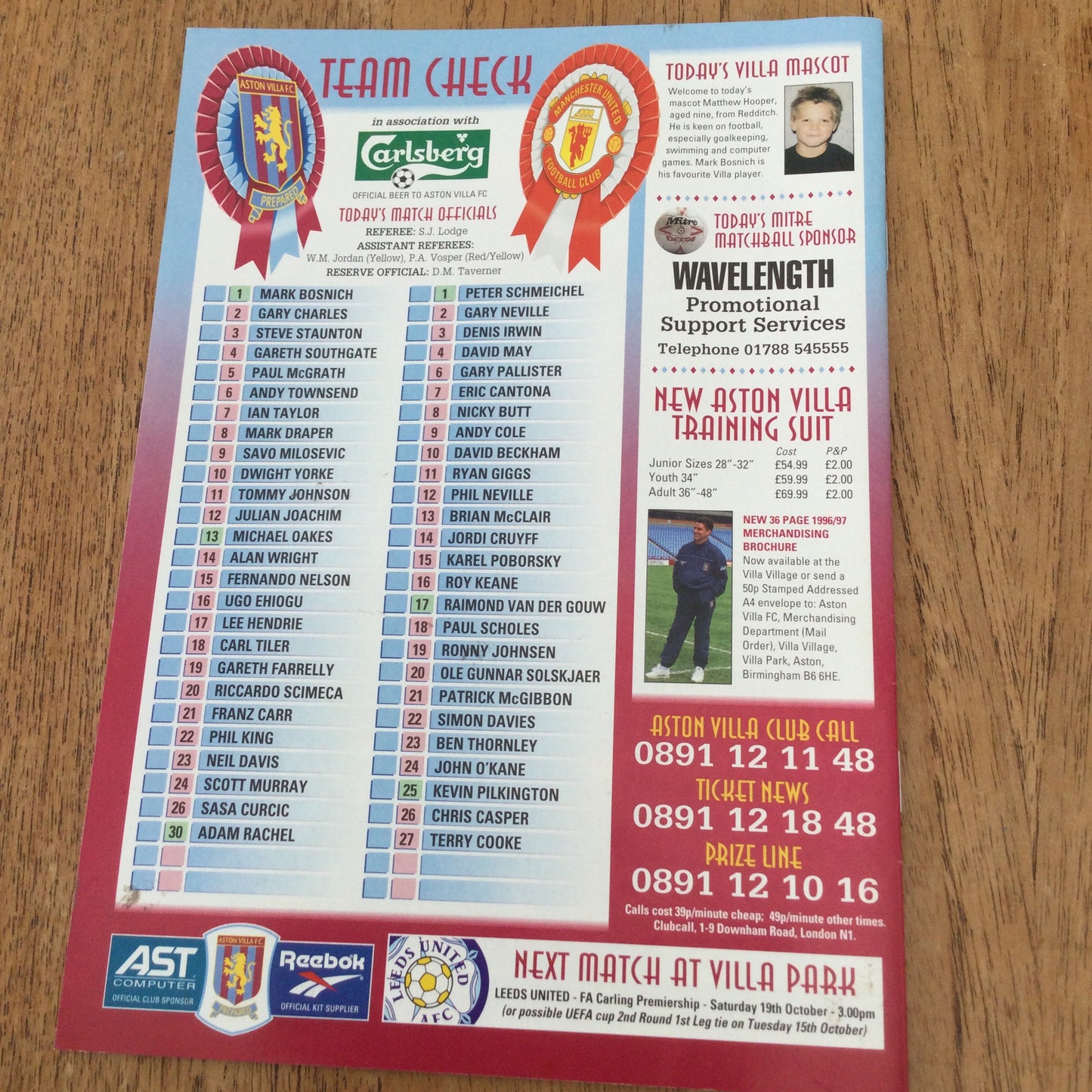 Aston Villa v Manchester Utd Football Programme 1996 21/9/86. Spotlight on Sasa Curcic. Mascot Matthew Hooper.