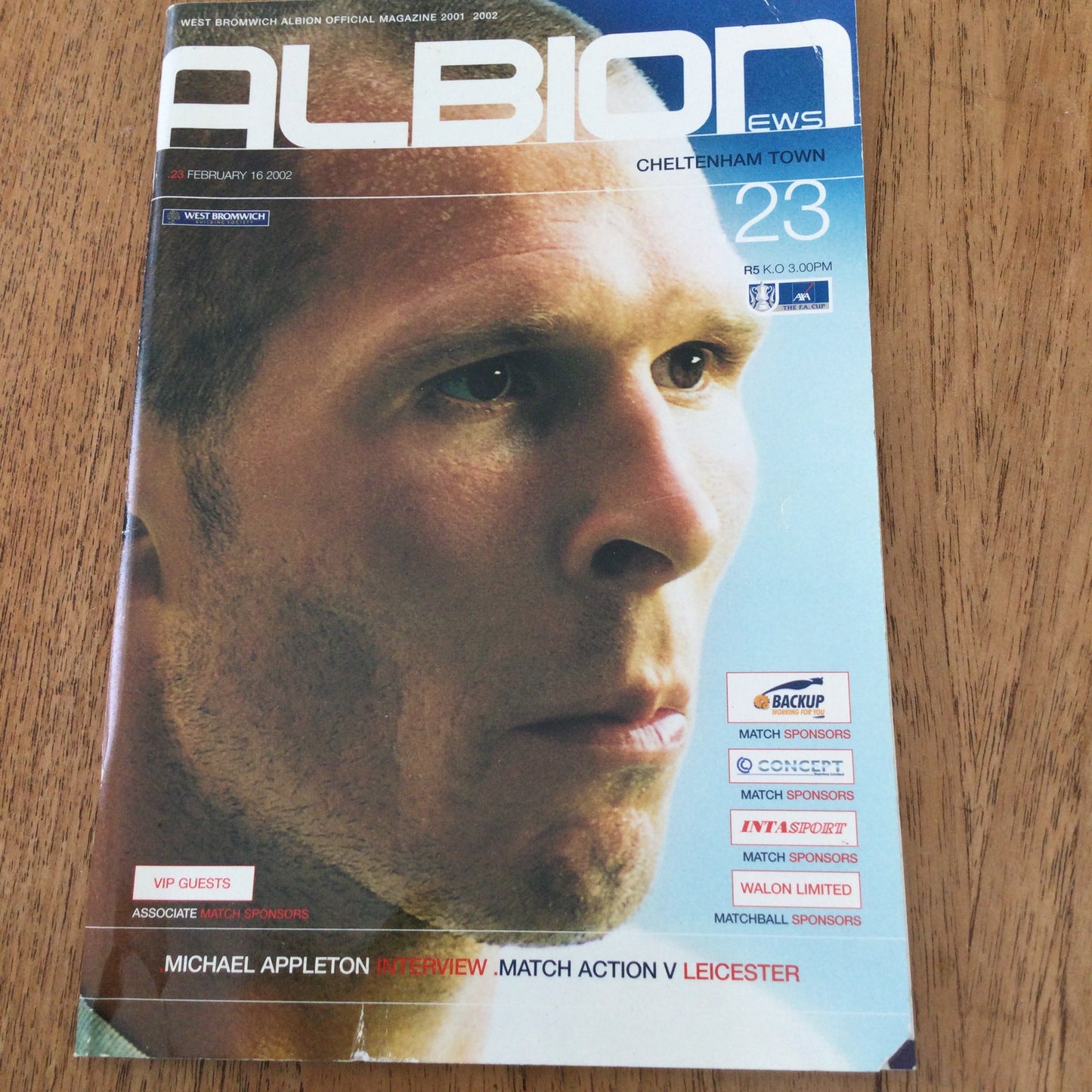 West Bromwich Albion v Cheltenham Town Football Programme 2002 23/2/02. Michael Appleton interview.