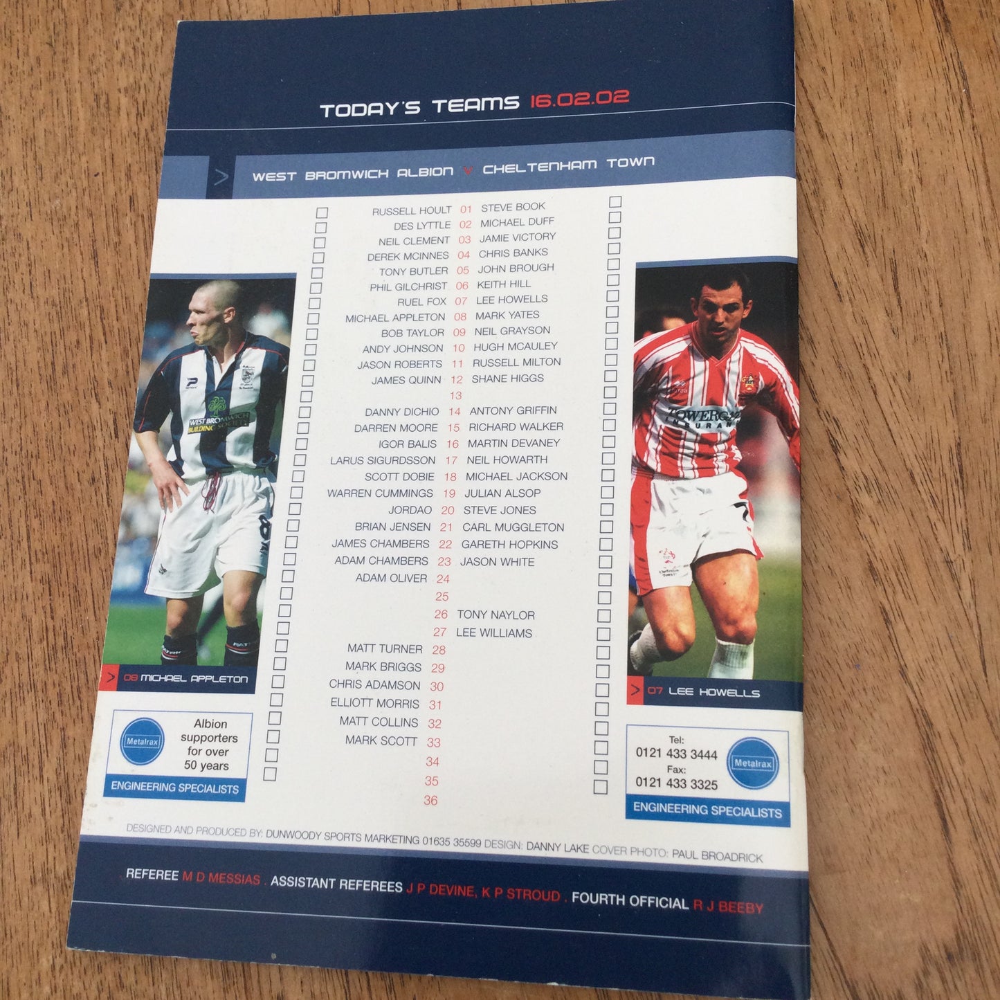 West Bromwich Albion v Cheltenham Town Football Programme 2002 23/2/02. Michael Appleton interview.