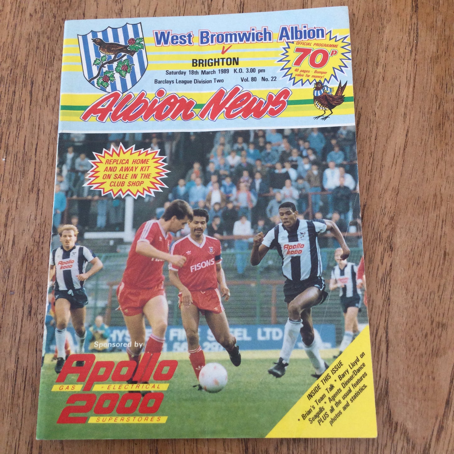 West Bromwich Albion v Brighton League Div 2 Football Programme 1989 18/3/89. Barry Lloyd on seagulls.