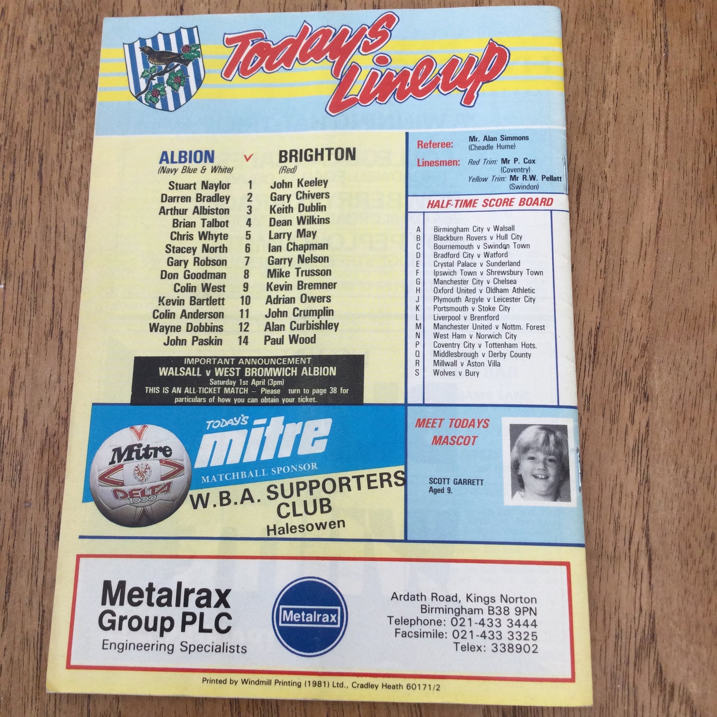 West Bromwich Albion v Brighton League Div 2 Football Programme 1989 18/3/89. Barry Lloyd on seagulls.