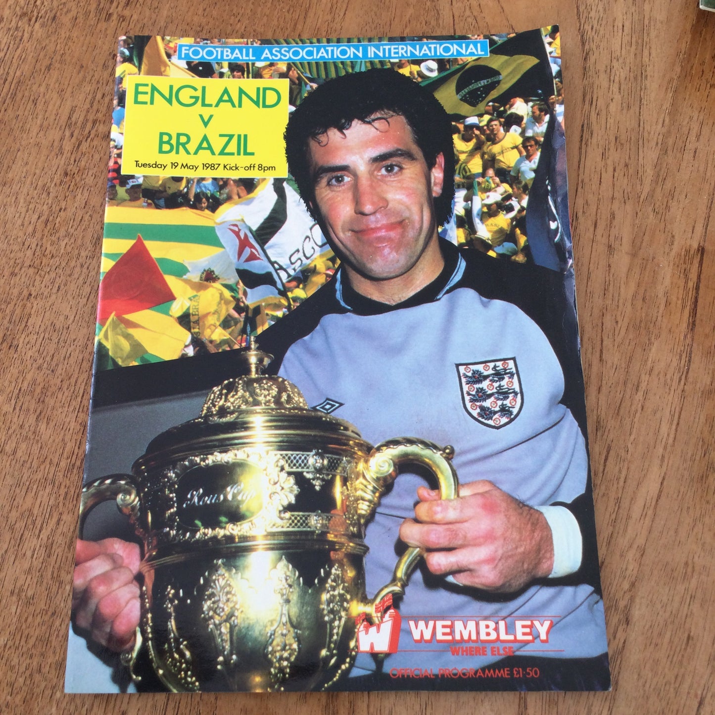 England v Brazil programme, 86/87, Tue 19th May 1987, Rous Cup. Wembley. Peter Shilton cover.