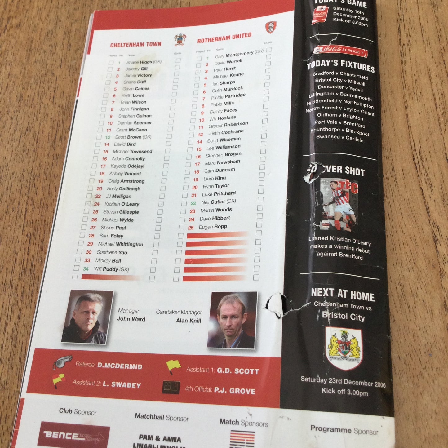 2006 Football Programme Cheltenham Town FC v Rotherham Utd 16/12/2006