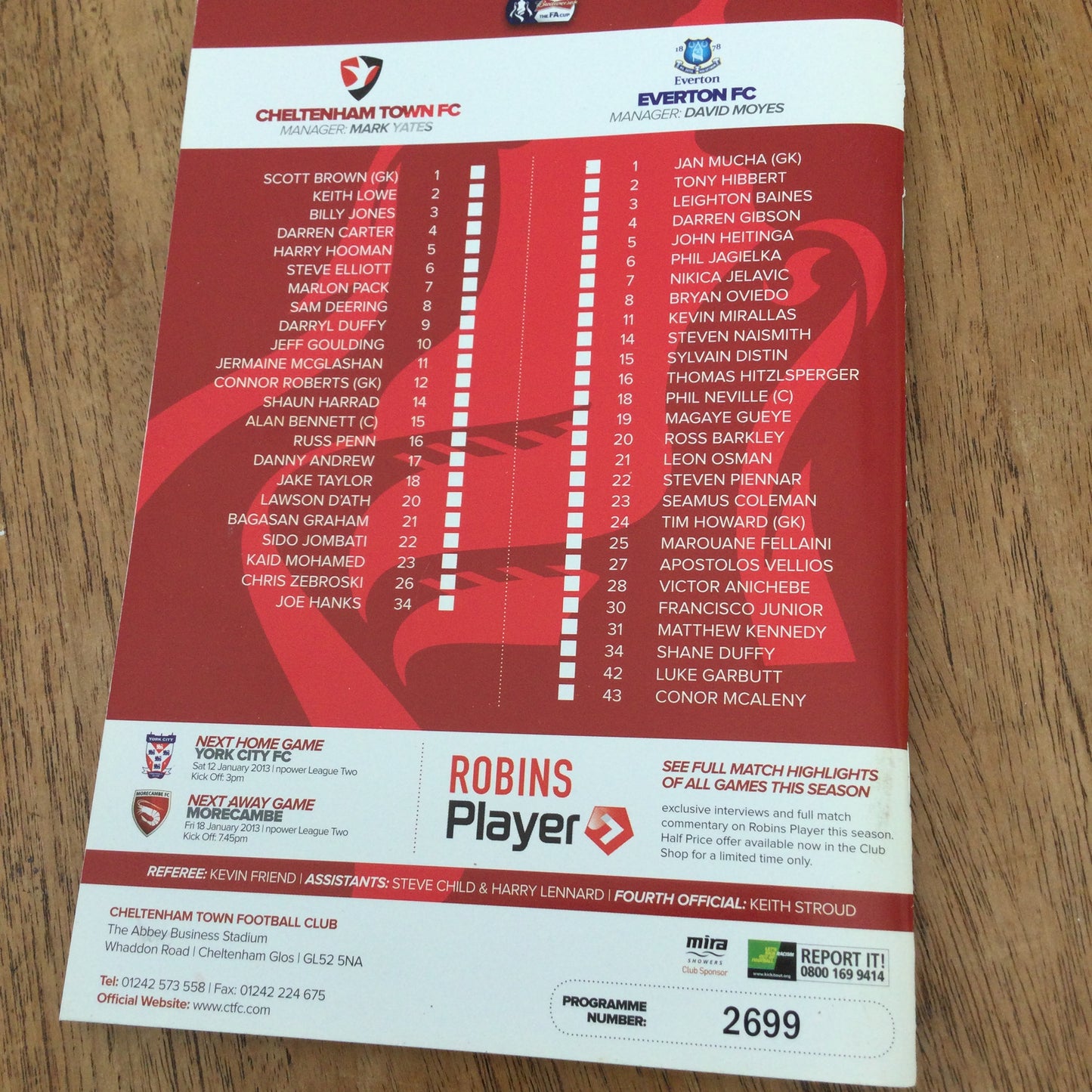2013 Football Programme The Robin Cheltenham Town FC v Everton FC FA Cup Round 3 7/1/2013