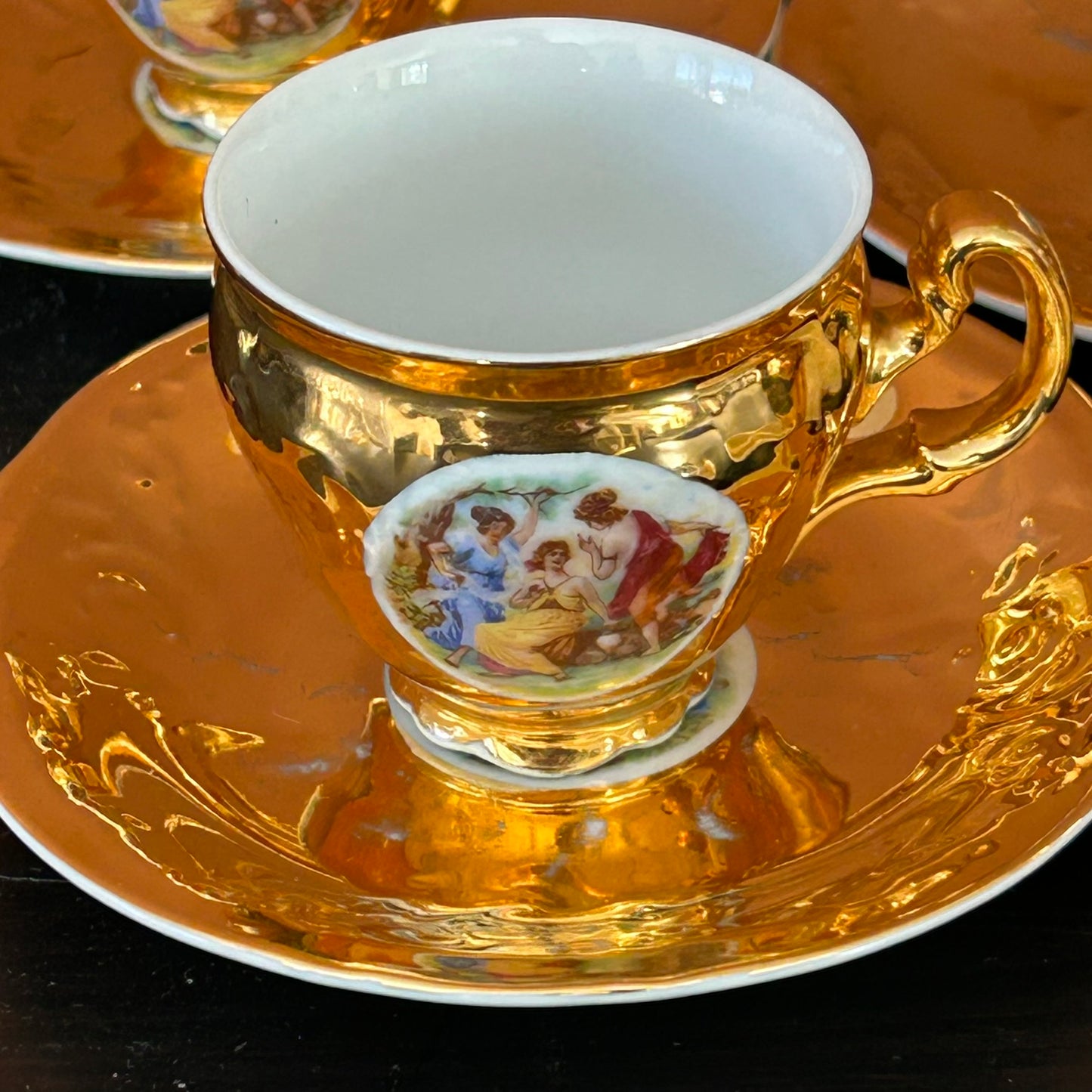 Vintage 1950s Czechoslovakian Bernadotte Set Of 5 Espresso / Turkish Coffee Cups And Saucers - Gold Porcelain, Baroque Style, Pastoral Scene