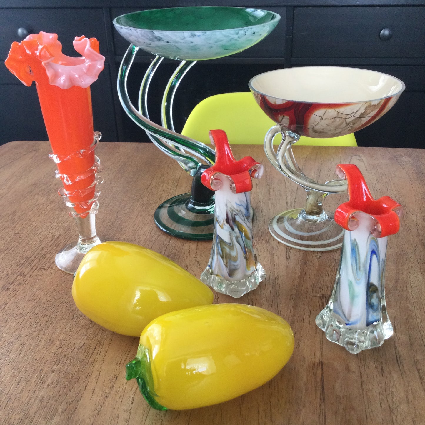 Pair of retro marble effect coloured glass bud vases / candlesticks. Murano style with orange inside.