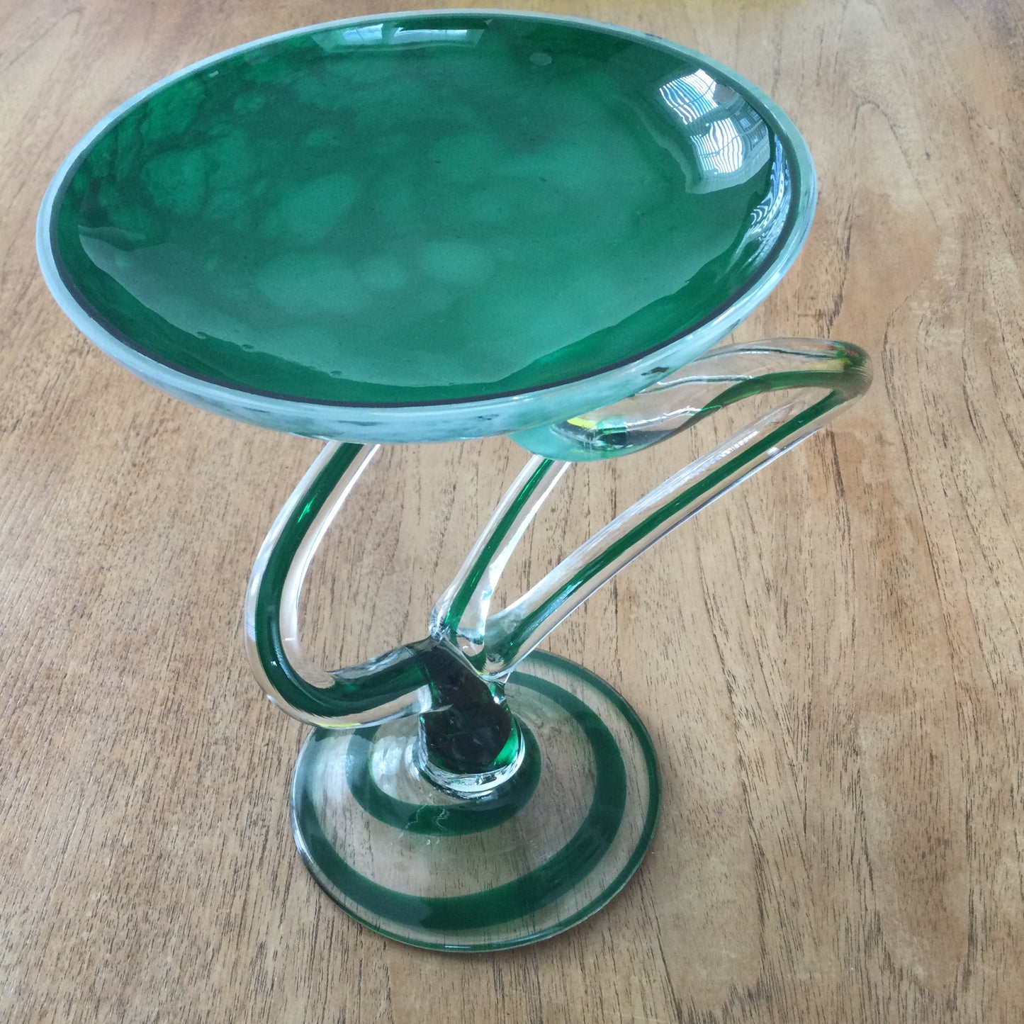 Vintage 1980s Jozefina Art Glass Jellyfish Pedestal Bowl, Krosno, Poland. Bottle green marble effect.