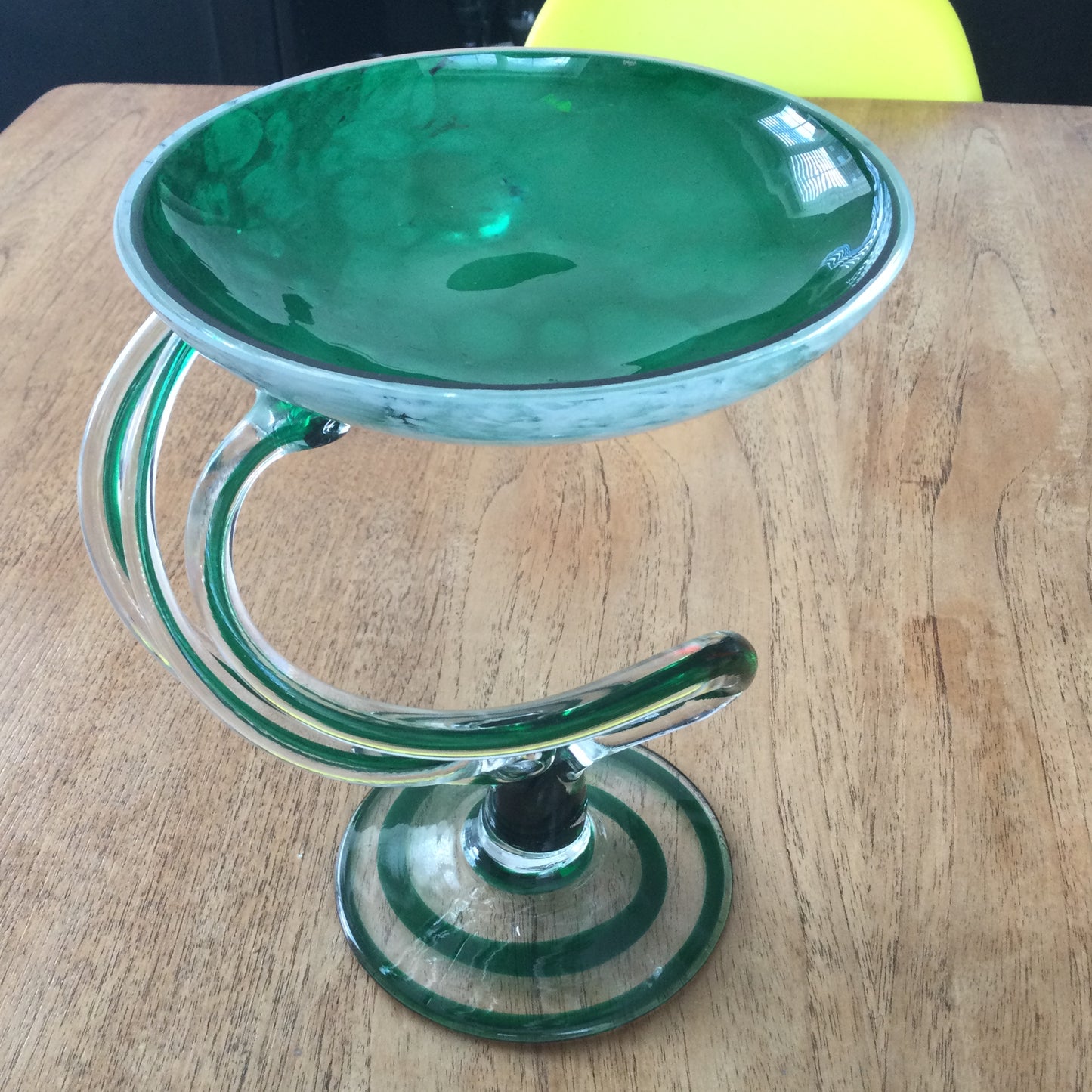Vintage 1980s Jozefina Art Glass Jellyfish Pedestal Bowl, Krosno, Poland. Bottle green marble effect.