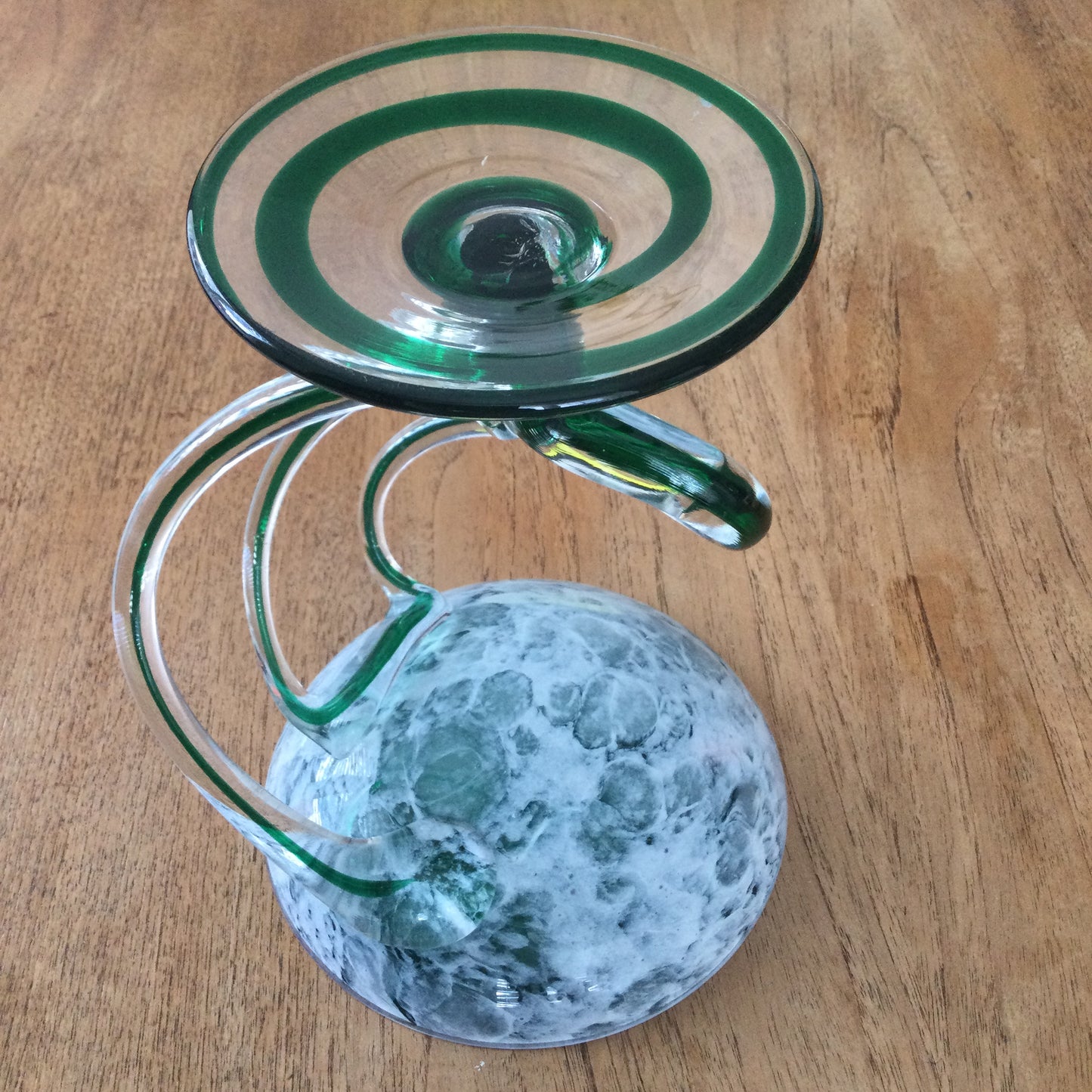 Vintage 1980s Jozefina Art Glass Jellyfish Pedestal Bowl, Krosno, Poland. Bottle green marble effect.