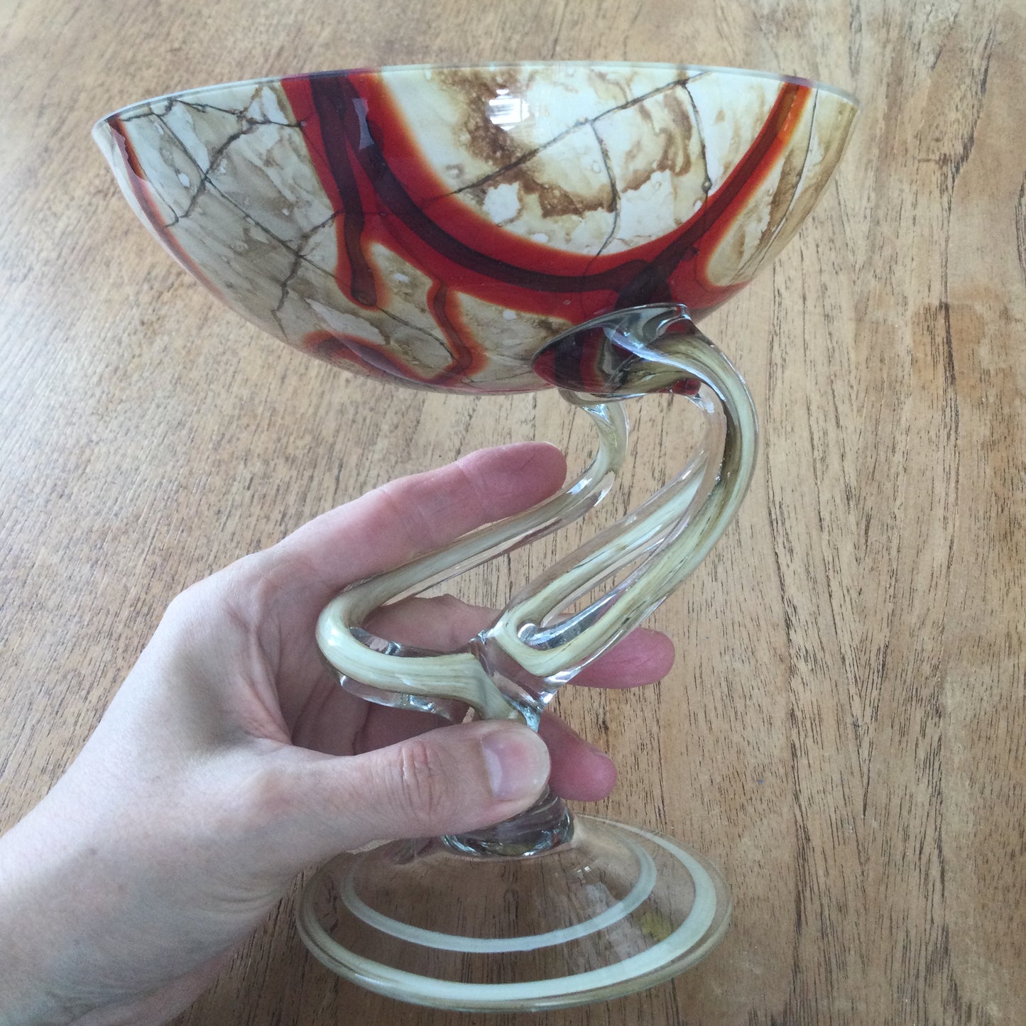 Vintage 1980s Jozefina Art Glass Jellyfish Pedestal Bowl, Krosno, Poland. Red and brown marble effect.