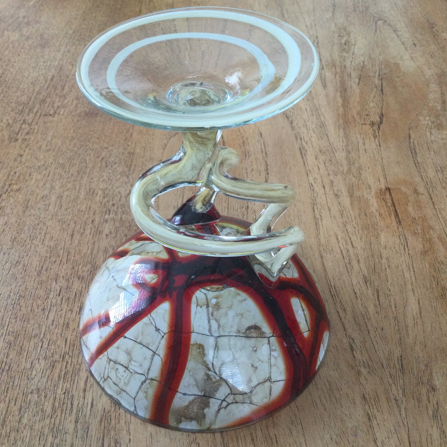 Vintage 1980s Jozefina Art Glass Jellyfish Pedestal Bowl, Krosno, Poland. Red and brown marble effect.