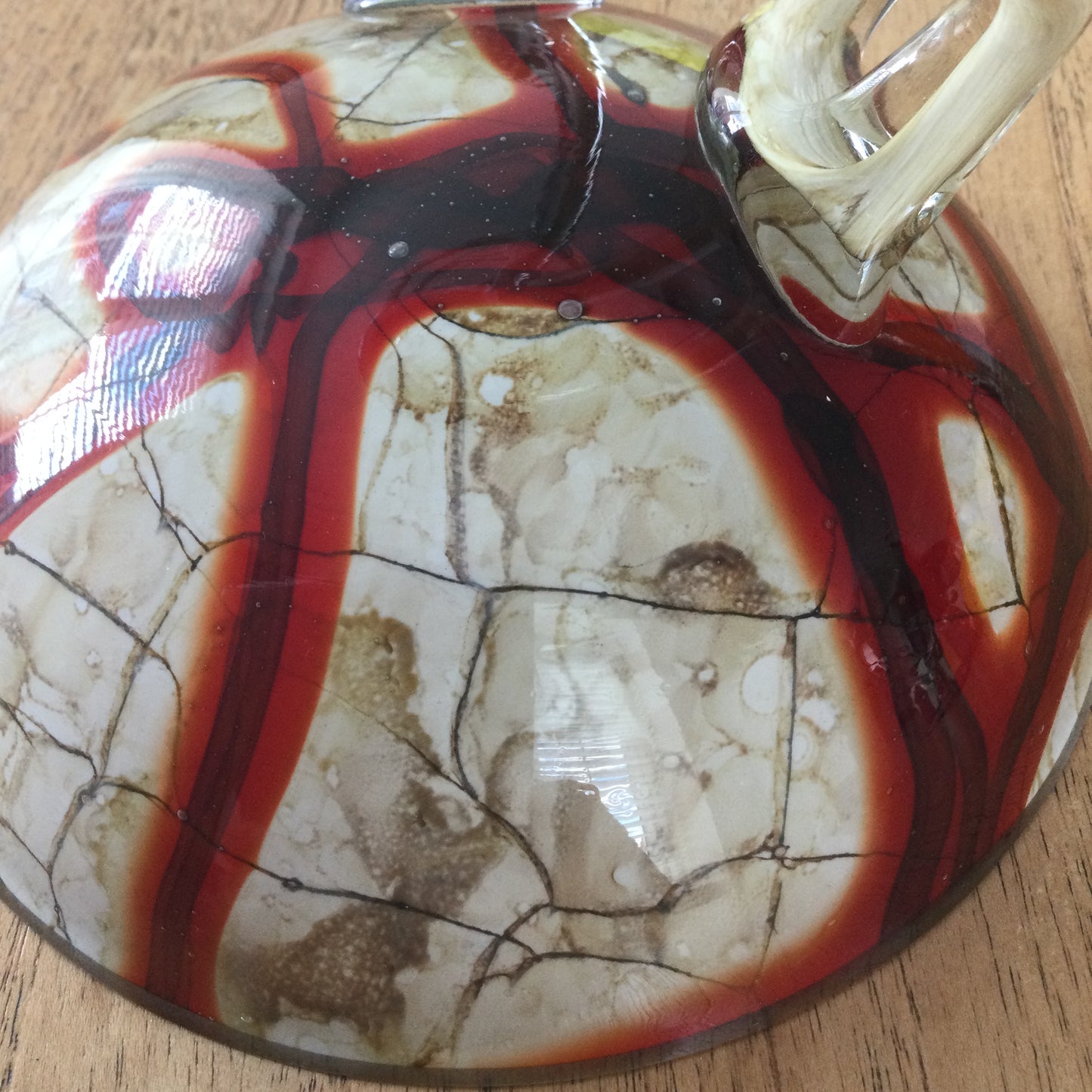 Vintage 1980s Jozefina Art Glass Jellyfish Pedestal Bowl, Krosno, Poland. Red and brown marble effect.