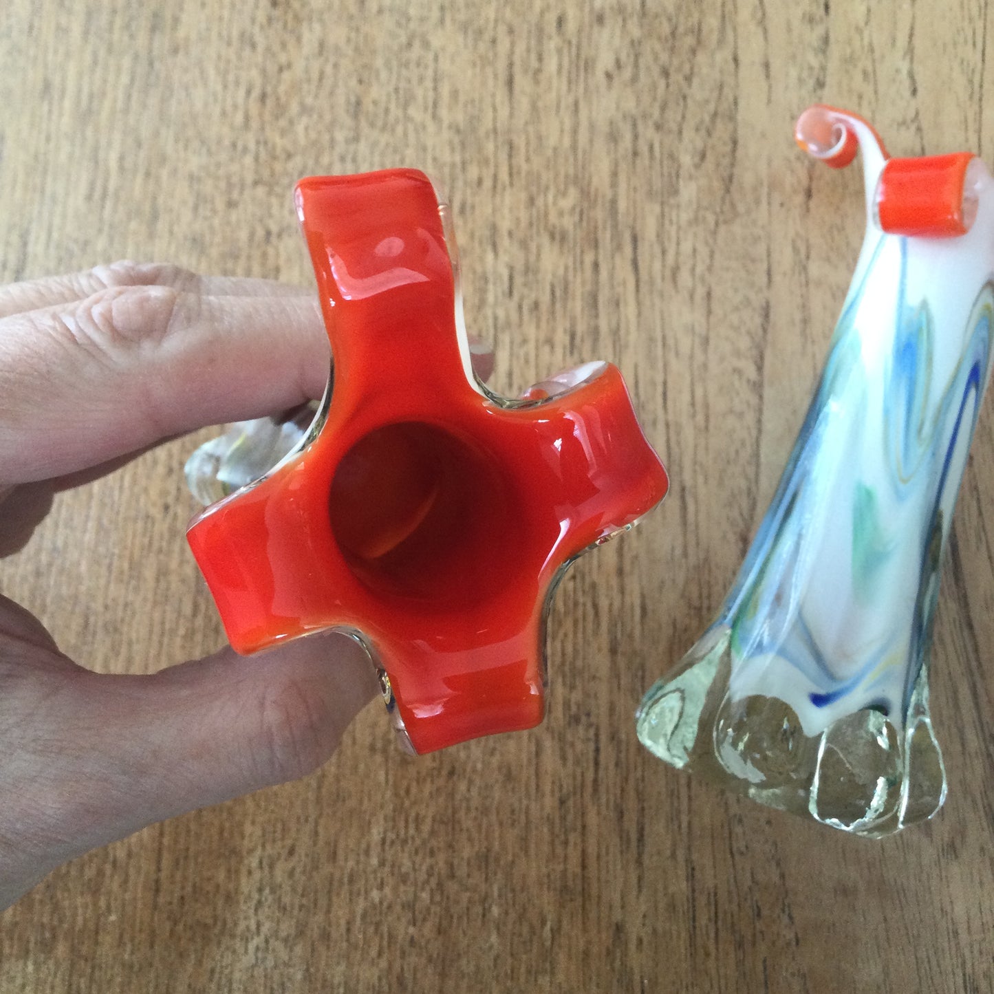 Pair of retro marble effect coloured glass bud vases / candlesticks. Murano style with orange inside.
