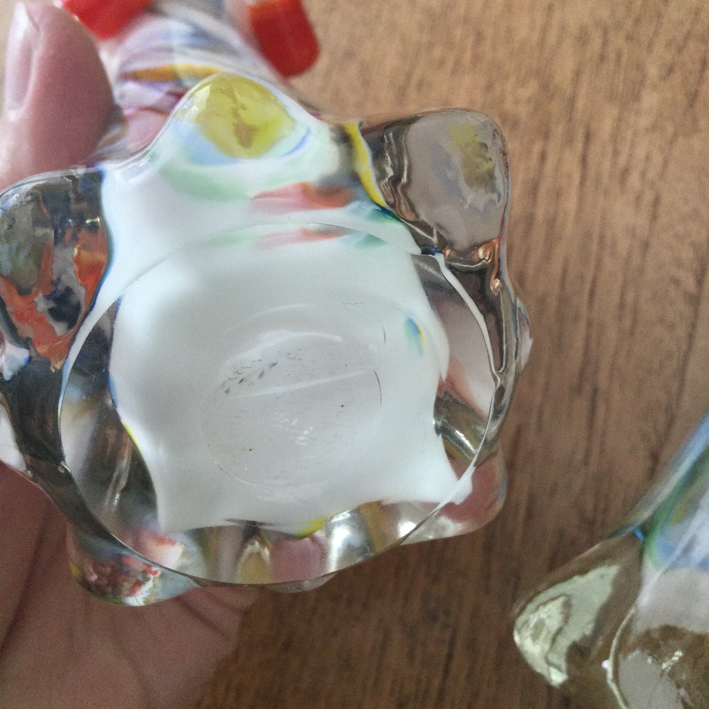 Pair of retro marble effect coloured glass bud vases / candlesticks. Murano style with orange inside.