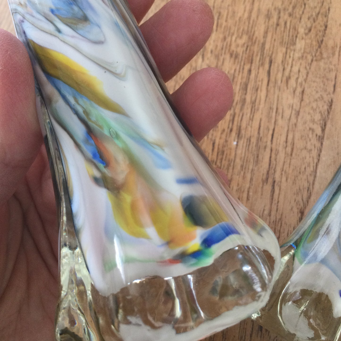 Pair of retro marble effect coloured glass bud vases / candlesticks. Murano style with orange inside.