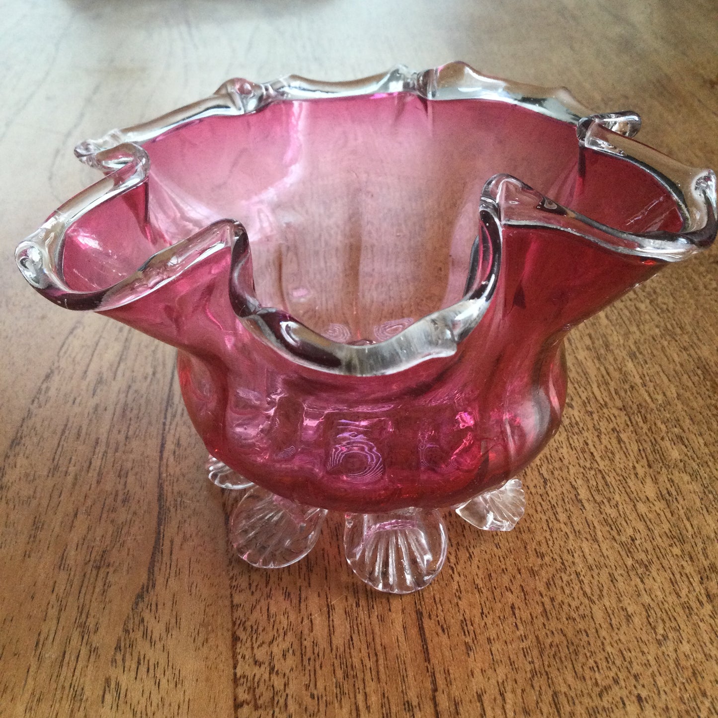 Pair of vintage cranberry / pink glass pieces. Fluted edge bowl and a lidded pot. Great for dressing table / bathroom