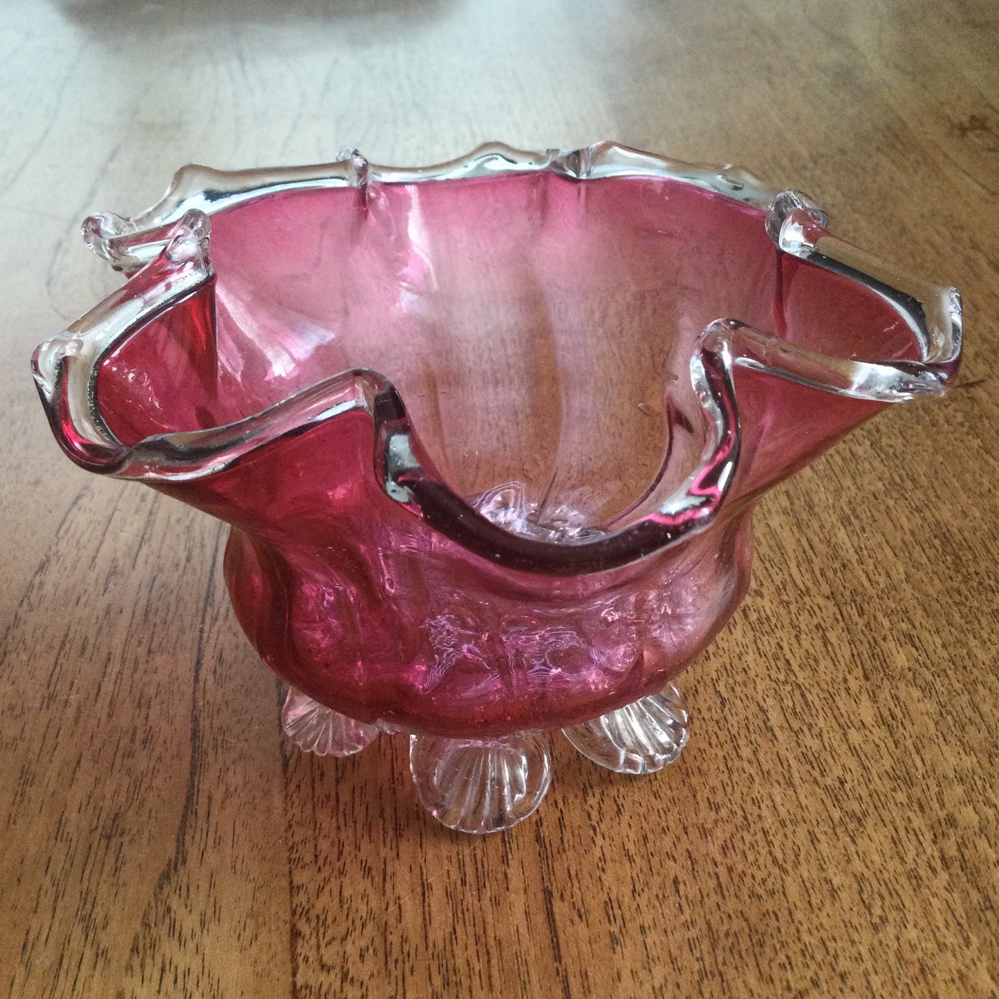 Pair of vintage cranberry / pink glass pieces. Fluted edge bowl and a lidded pot. Great for dressing table / bathroom
