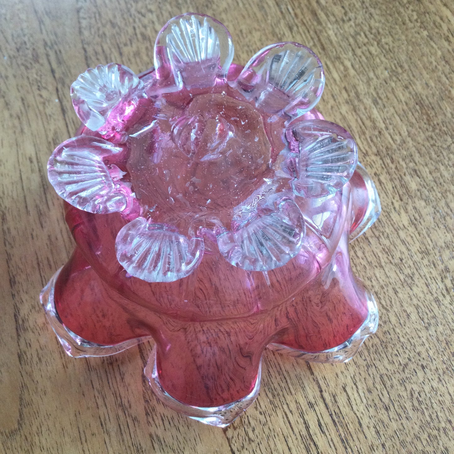 Pair of vintage cranberry / pink glass pieces. Fluted edge bowl and a lidded pot. Great for dressing table / bathroom