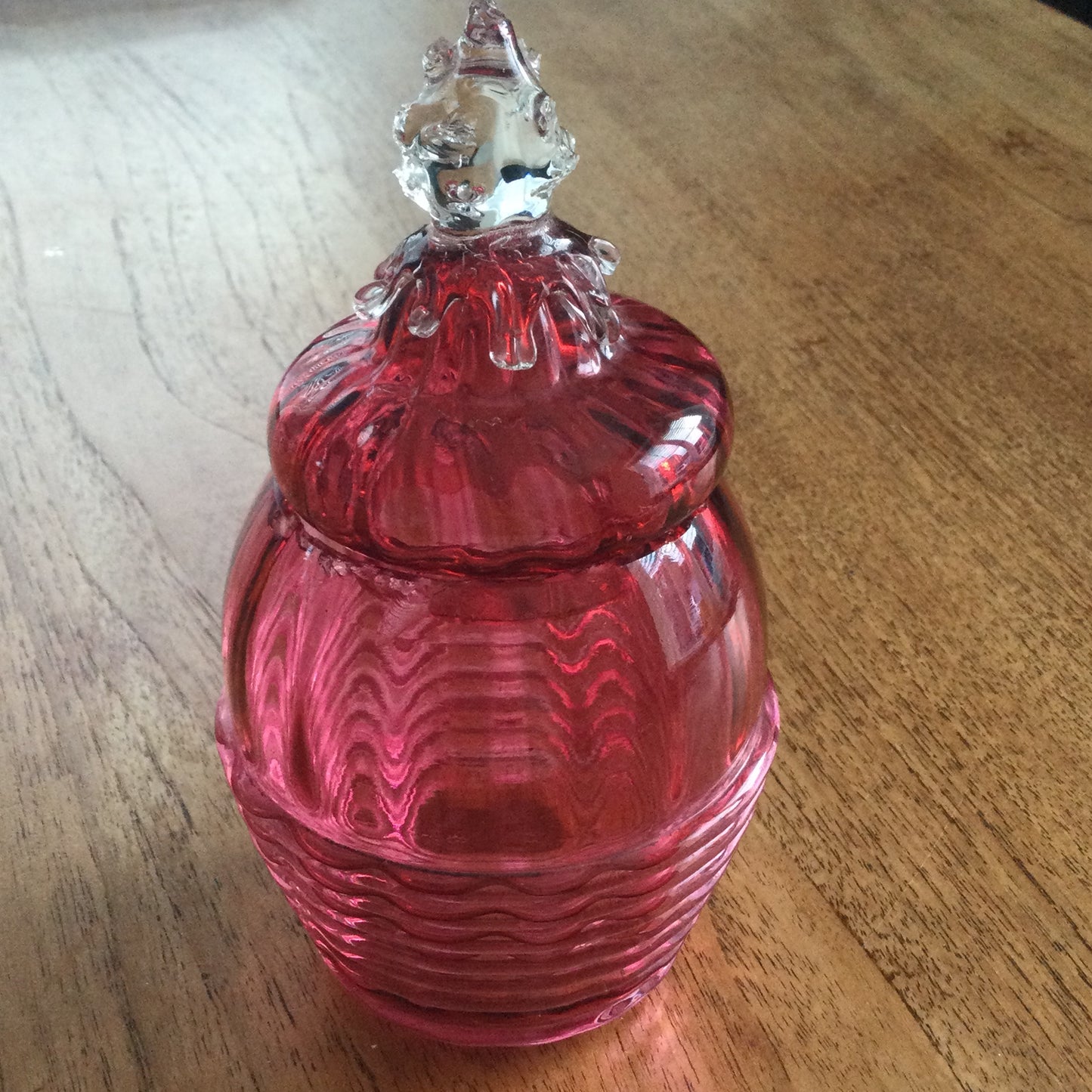 Pair of vintage cranberry / pink glass pieces. Fluted edge bowl and a lidded pot. Great for dressing table / bathroom
