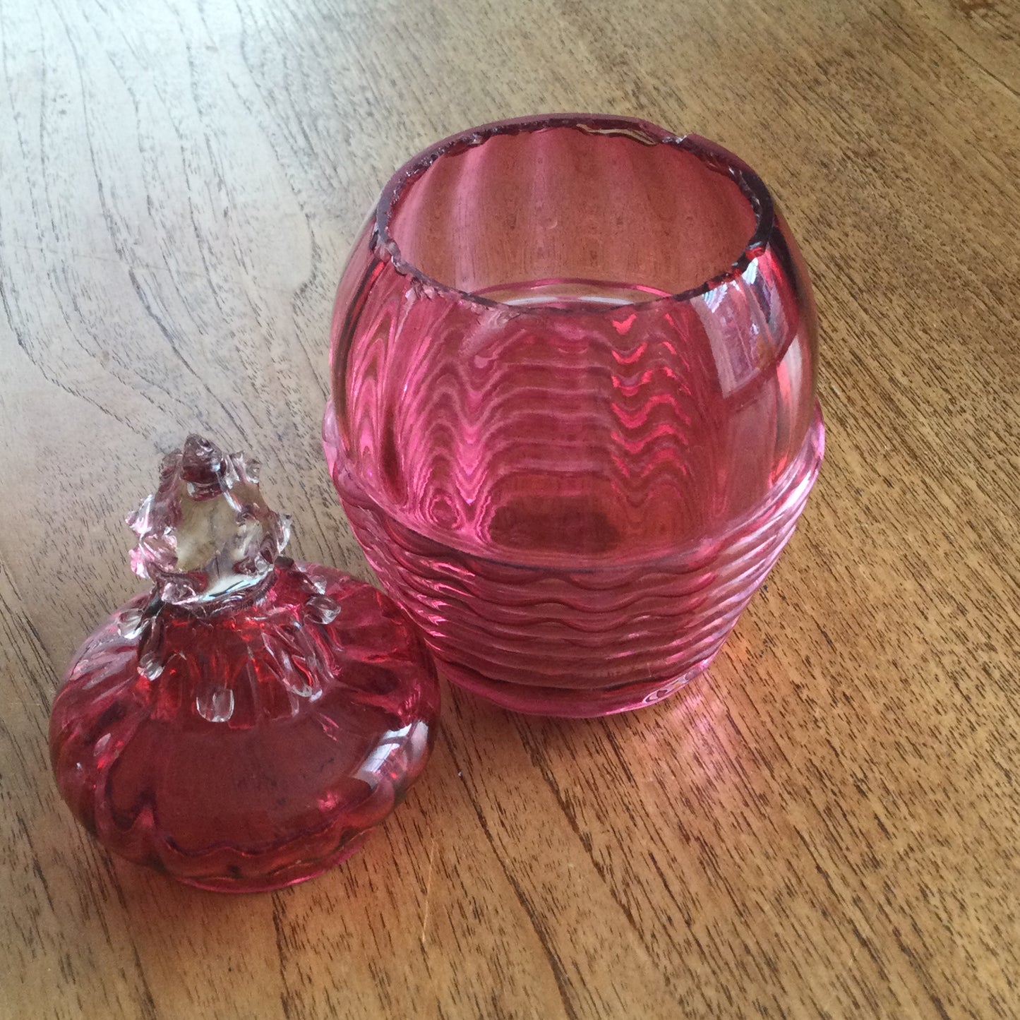 Pair of vintage cranberry / pink glass pieces. Fluted edge bowl and a lidded pot. Great for dressing table / bathroom