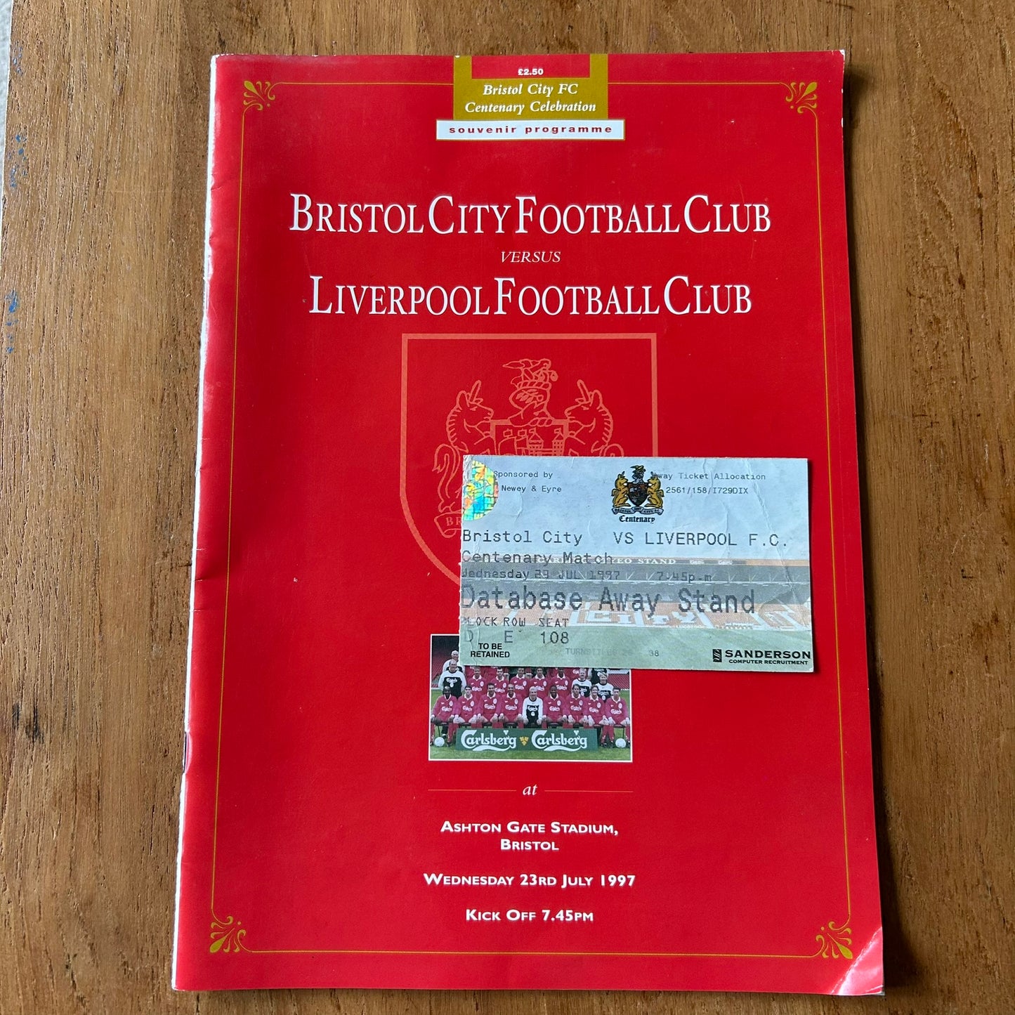 Vintage 90s Football Programme and 2 tickets - BRISTOL CITY v LIVERPOOL friendly 1997 23/7/97 Centenary Match