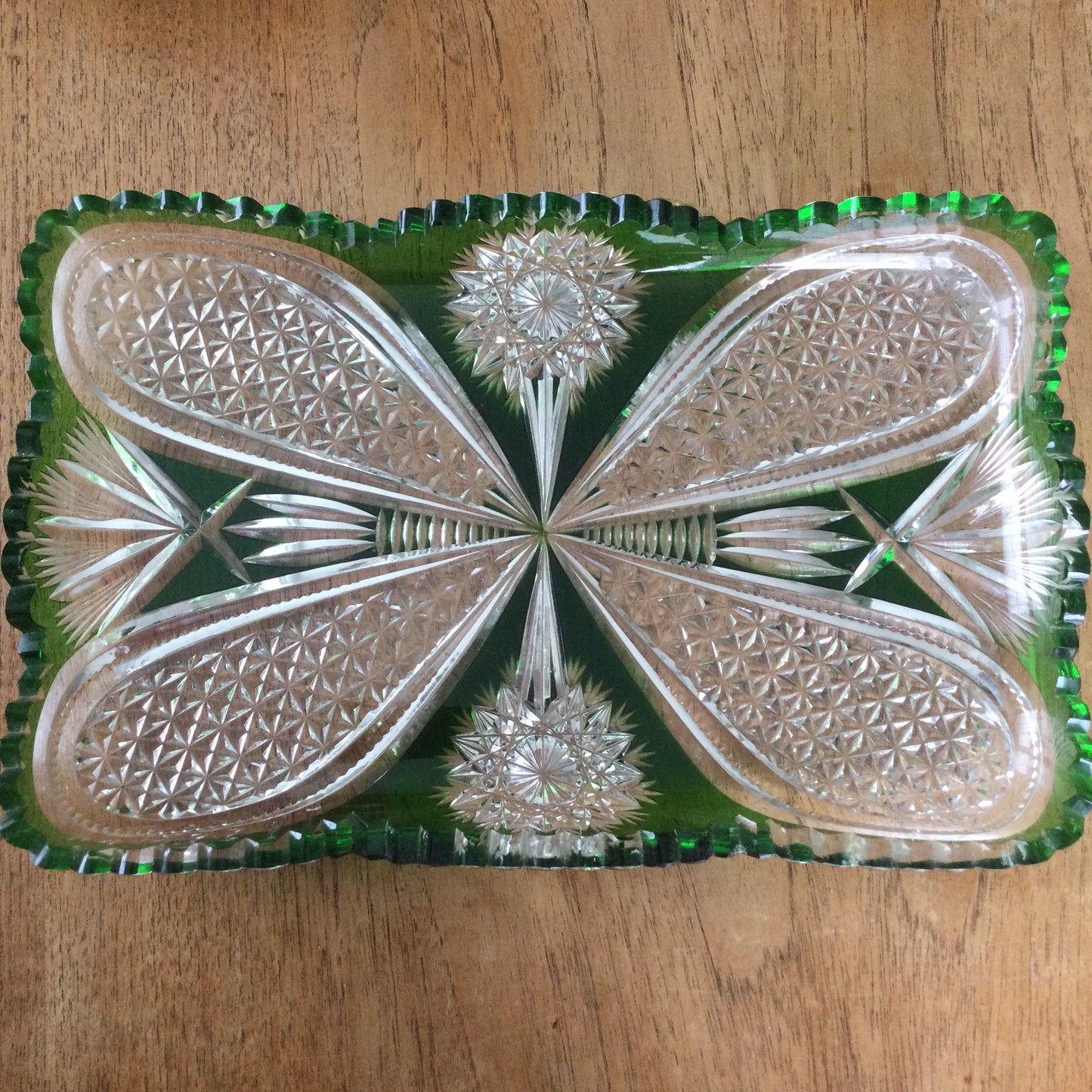 Vintage green and clear glass dressing table / vanity tray. 33 x 21 cm. Deep green with raised edges.