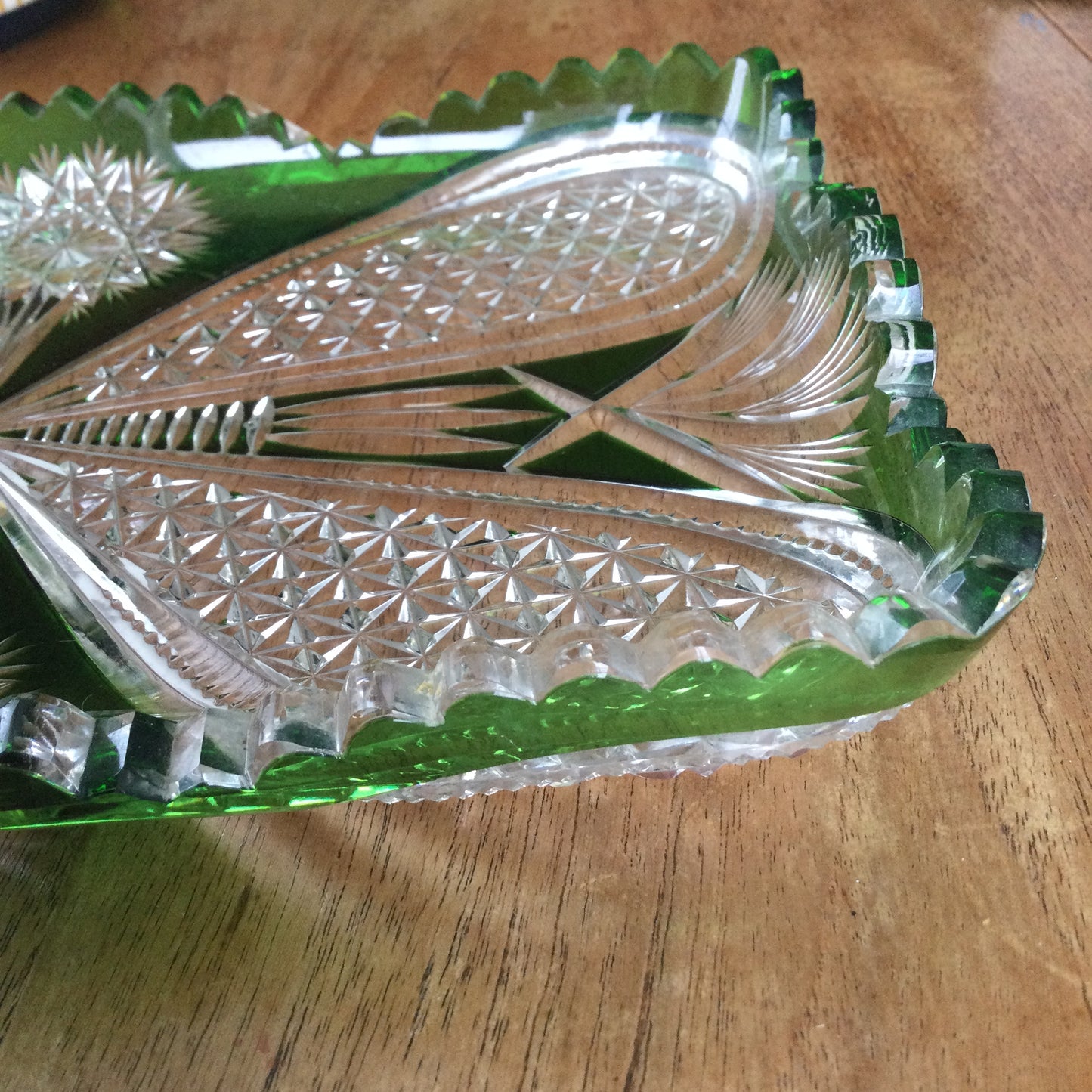 Vintage green and clear glass dressing table / vanity tray. 33 x 21 cm. Deep green with raised edges.