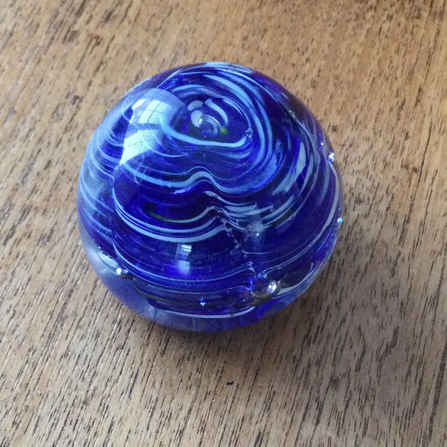 Small Vintage Glass Paperweight – Blue and White Swirl Design – Scratched