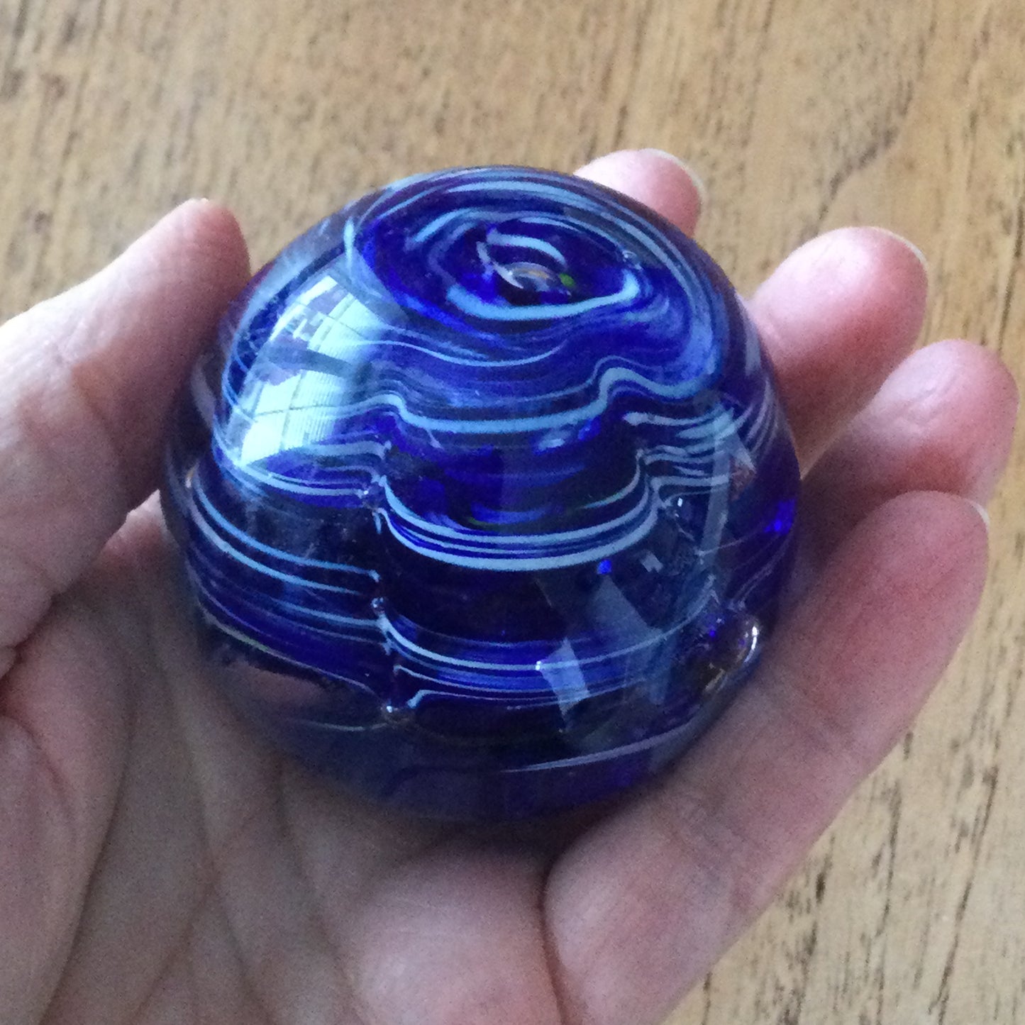 Small Vintage Glass Paperweight – Blue and White Swirl Design – Scratched