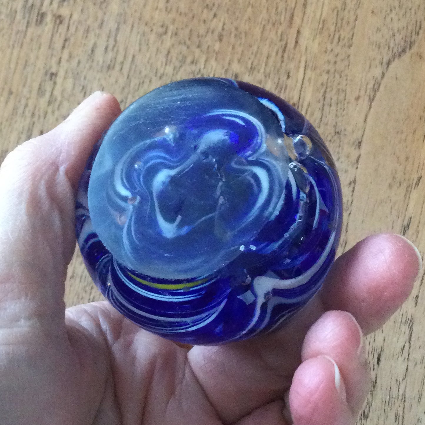 Small Vintage Glass Paperweight – Blue and White Swirl Design – Scratched